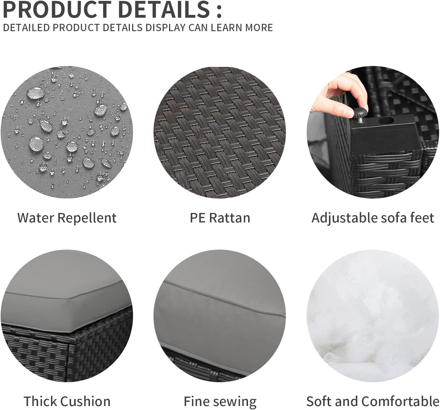 Valita 5-Piece Outdoor PE Wicker Furniture Set, Patio Sectional Chaise Lounge Black All Weather Resin Rattan Chairs and Ottomans,Storage Table Conversation Sofa with Non-Slip Gray Washable Cushions - Image 4