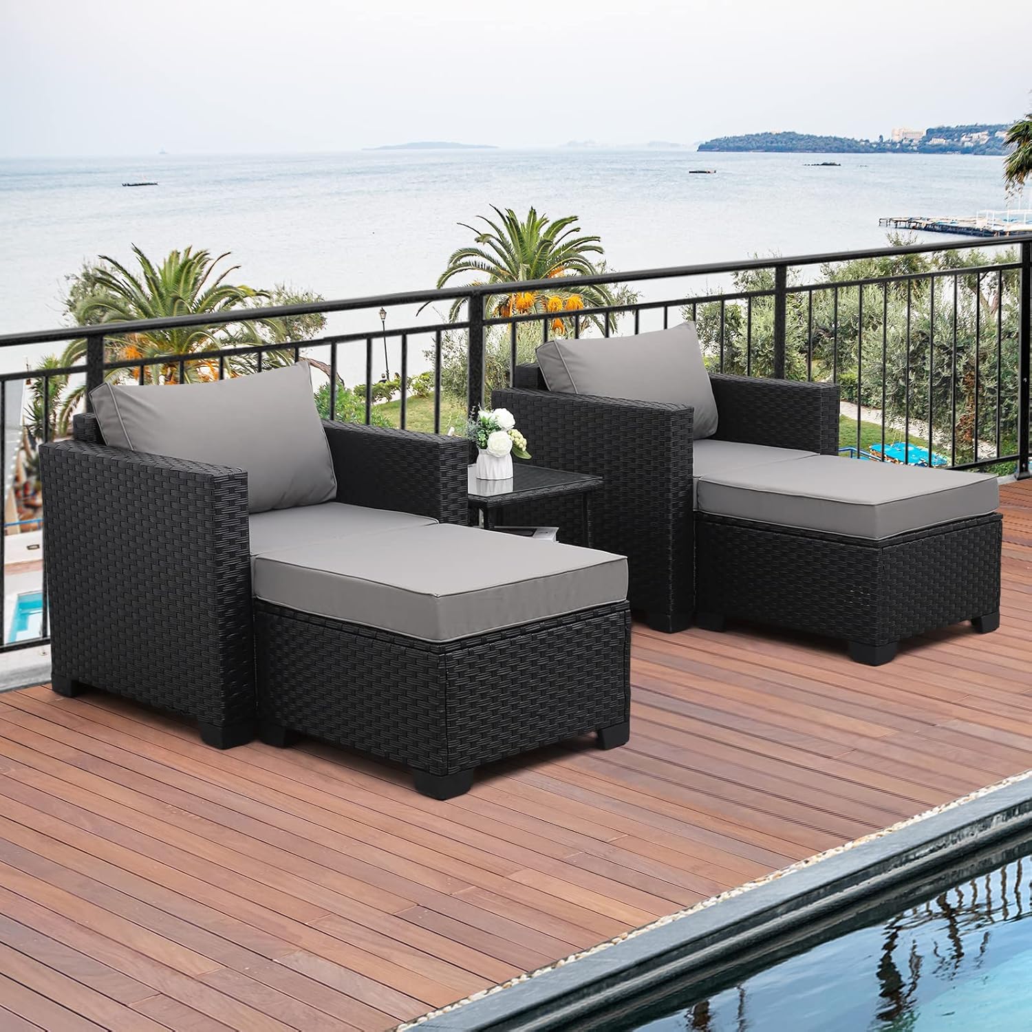 Valita 5-Piece Outdoor PE Wicker Furniture Set, Patio Sectional Chaise Lounge Black All Weather Resin Rattan Chairs and Ottomans,Storage Table Conversation Sofa with Non-Slip Gray Washable Cushions