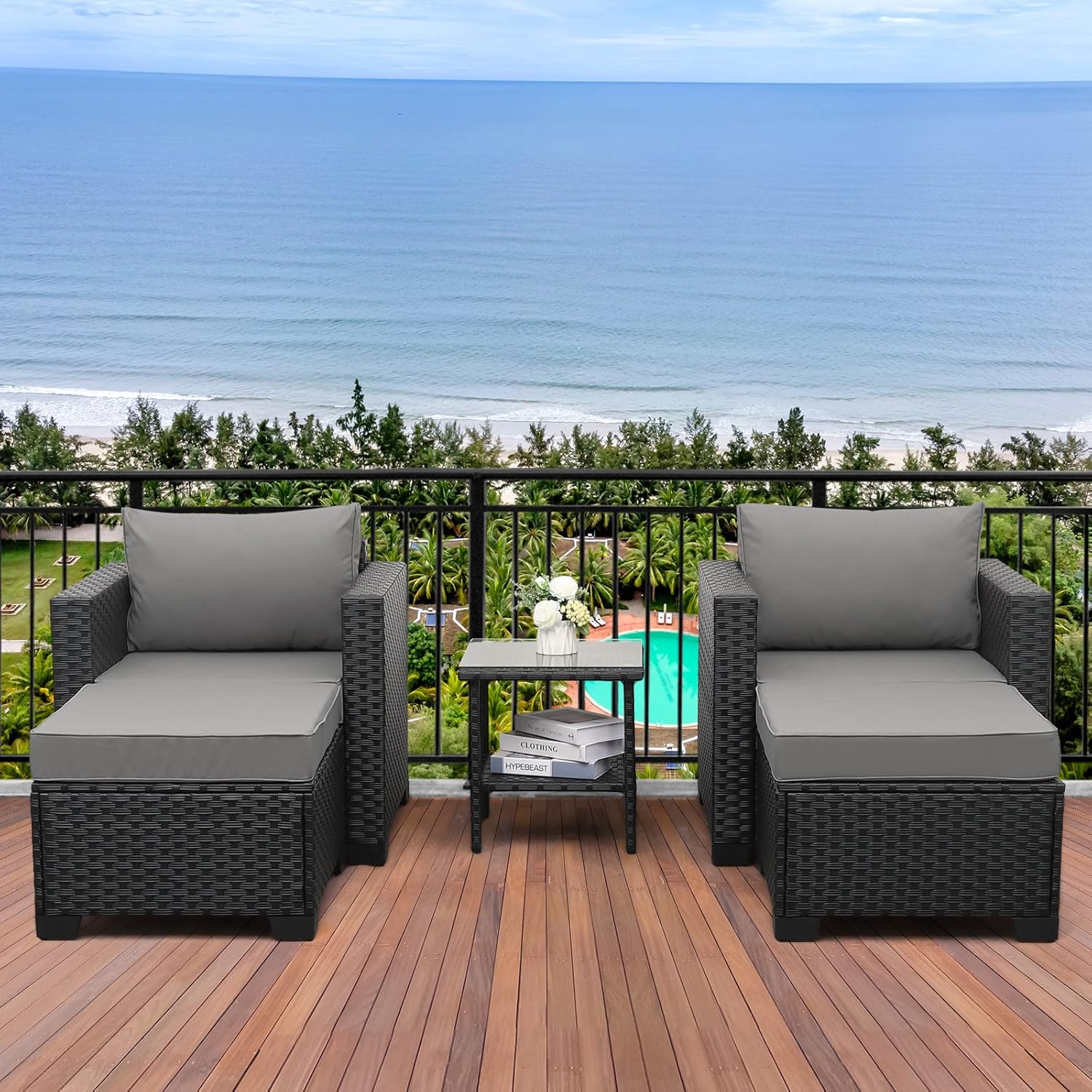 Valita 5-Piece Outdoor PE Wicker Furniture Set, Patio Sectional Chaise Lounge Black All Weather Resin Rattan Chairs and Ottomans,Storage Table Conversation Sofa with Non-Slip Gray Washable Cushions - Image 2