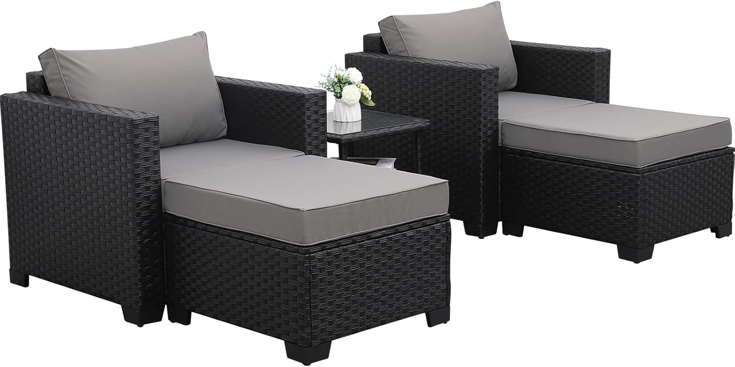 Valita 5-Piece Outdoor PE Wicker Furniture Set, Patio Sectional Chaise Lounge Black All Weather Resin Rattan Chairs and Ottomans,Storage Table Conversation Sofa with Non-Slip Gray Washable Cushions - Image 8