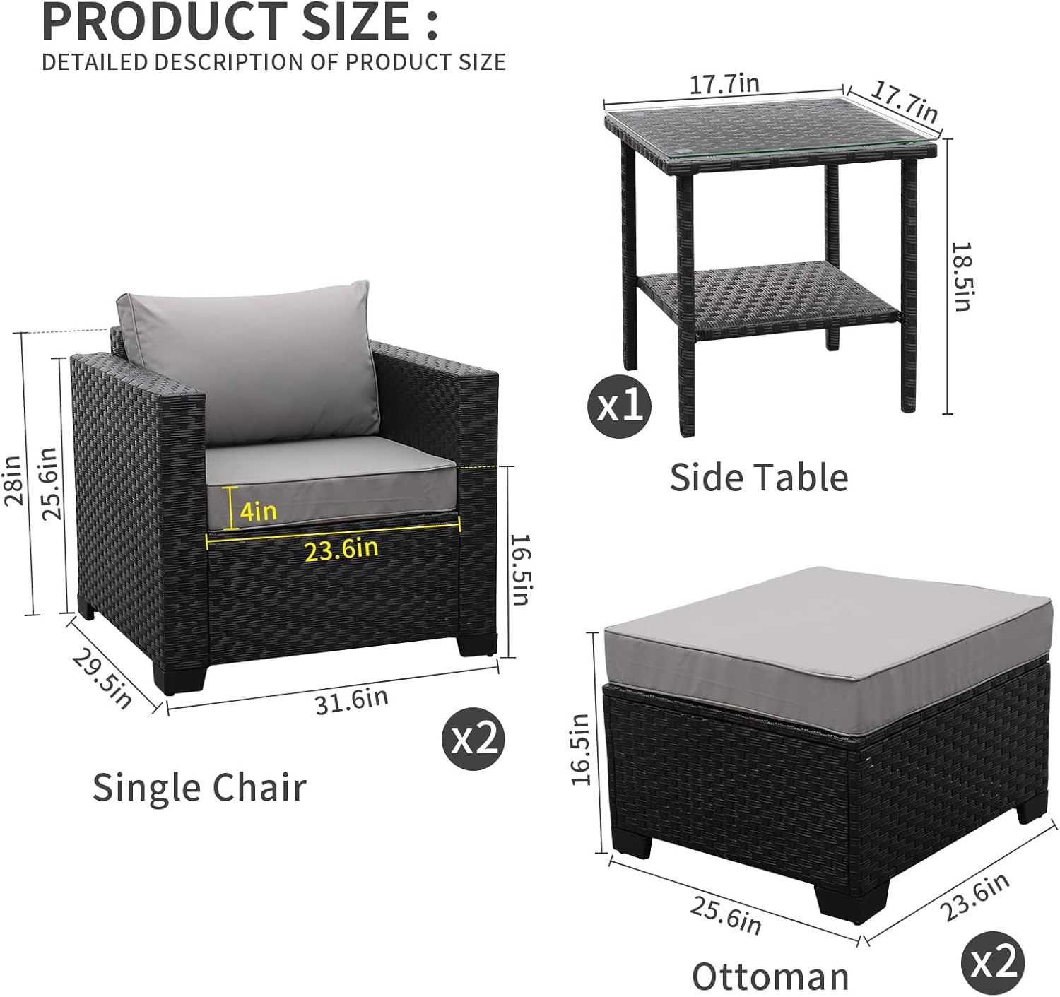 Valita 5-Piece Outdoor PE Wicker Furniture Set, Patio Sectional Chaise Lounge Black All Weather Resin Rattan Chairs and Ottomans,Storage Table Conversation Sofa with Non-Slip Gray Washable Cushions - Image 3