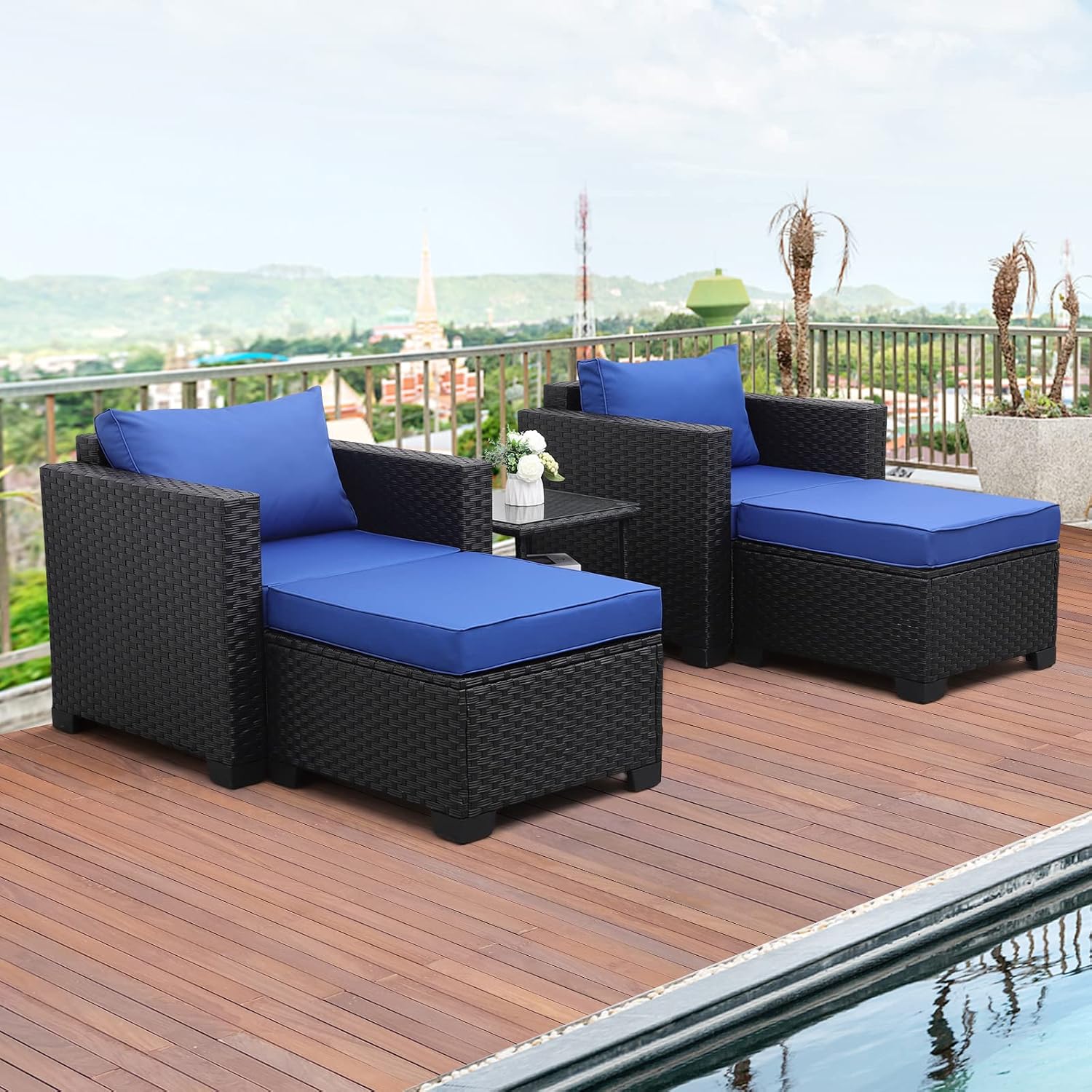Valita 5-Piece Outdoor PE Wicker Furniture Set, Patio Sectional Chaise Lounge Black All Weather Resin Rattan Chairs and Ottomans,Storage Table Conversation Sofa with Non-Slip Gray Washable Cushions - Image 10