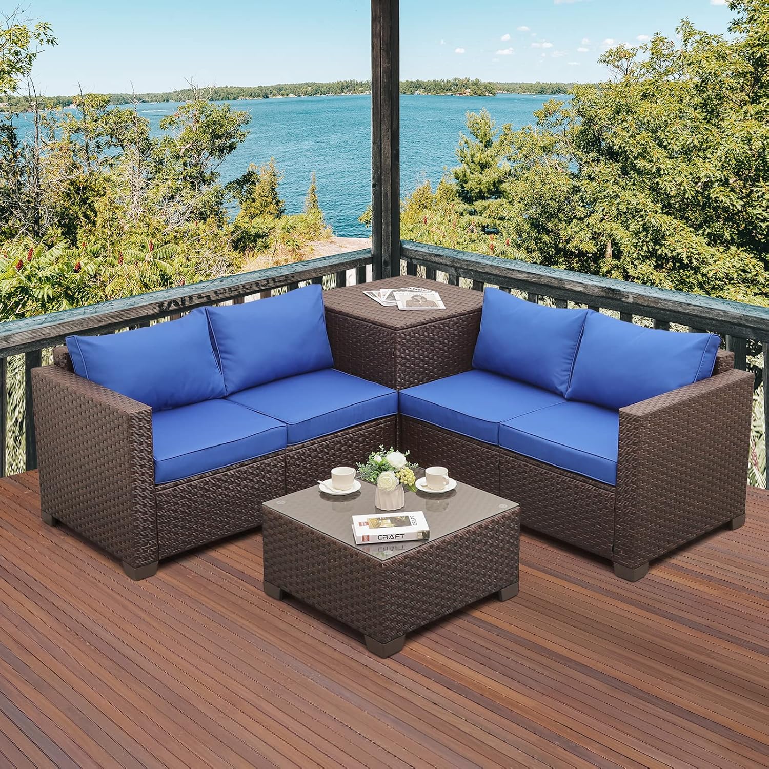 VALITA Patio PE Wicker Furniture Set 4 Pieces Outdoor Brown Rattan Clearance Sectional Conversation Sofa Chair with Storage Box Table and Turquoise Cushions - Image 8