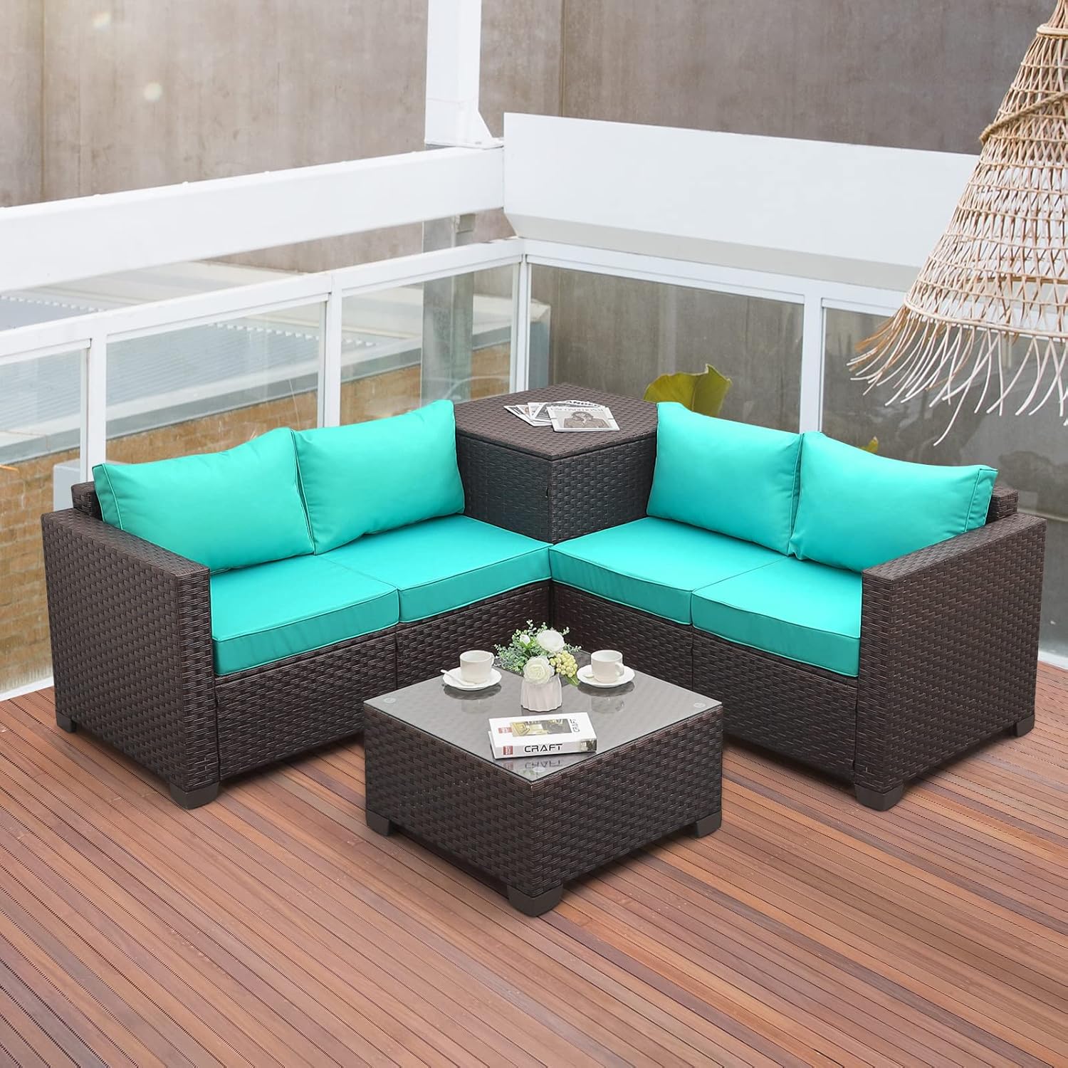 VALITA Patio PE Wicker Furniture Set 4 Pieces Outdoor Brown Rattan Clearance Sectional Conversation Sofa Chair with Storage Box Table and Turquoise Cushions