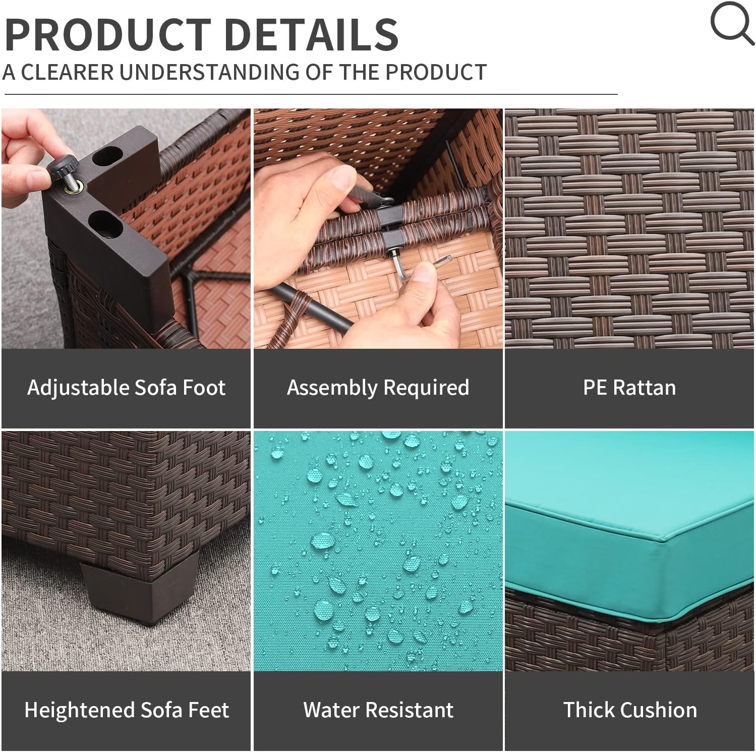 VALITA Patio PE Wicker Furniture Set 4 Pieces Outdoor Brown Rattan Clearance Sectional Conversation Sofa Chair with Storage Box Table and Turquoise Cushions - Image 4