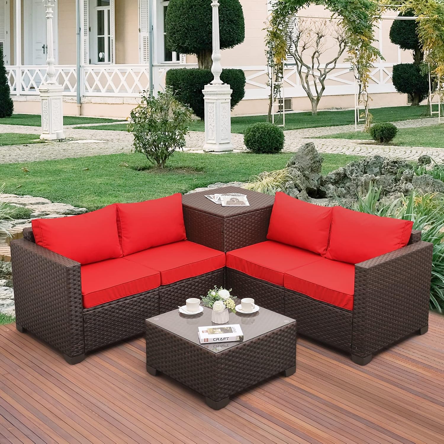 VALITA Patio PE Wicker Furniture Set 4 Pieces Outdoor Brown Rattan Clearance Sectional Conversation Sofa Chair with Storage Box Table and Turquoise Cushions - Image 9