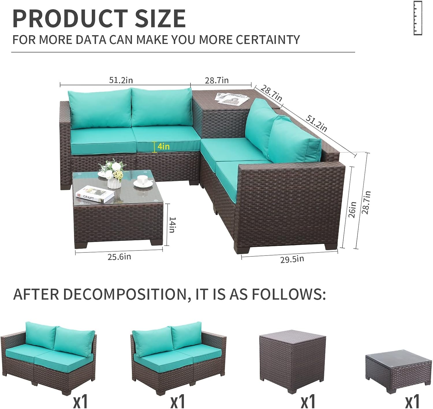VALITA Patio PE Wicker Furniture Set 4 Pieces Outdoor Brown Rattan Clearance Sectional Conversation Sofa Chair with Storage Box Table and Turquoise Cushions - Image 3