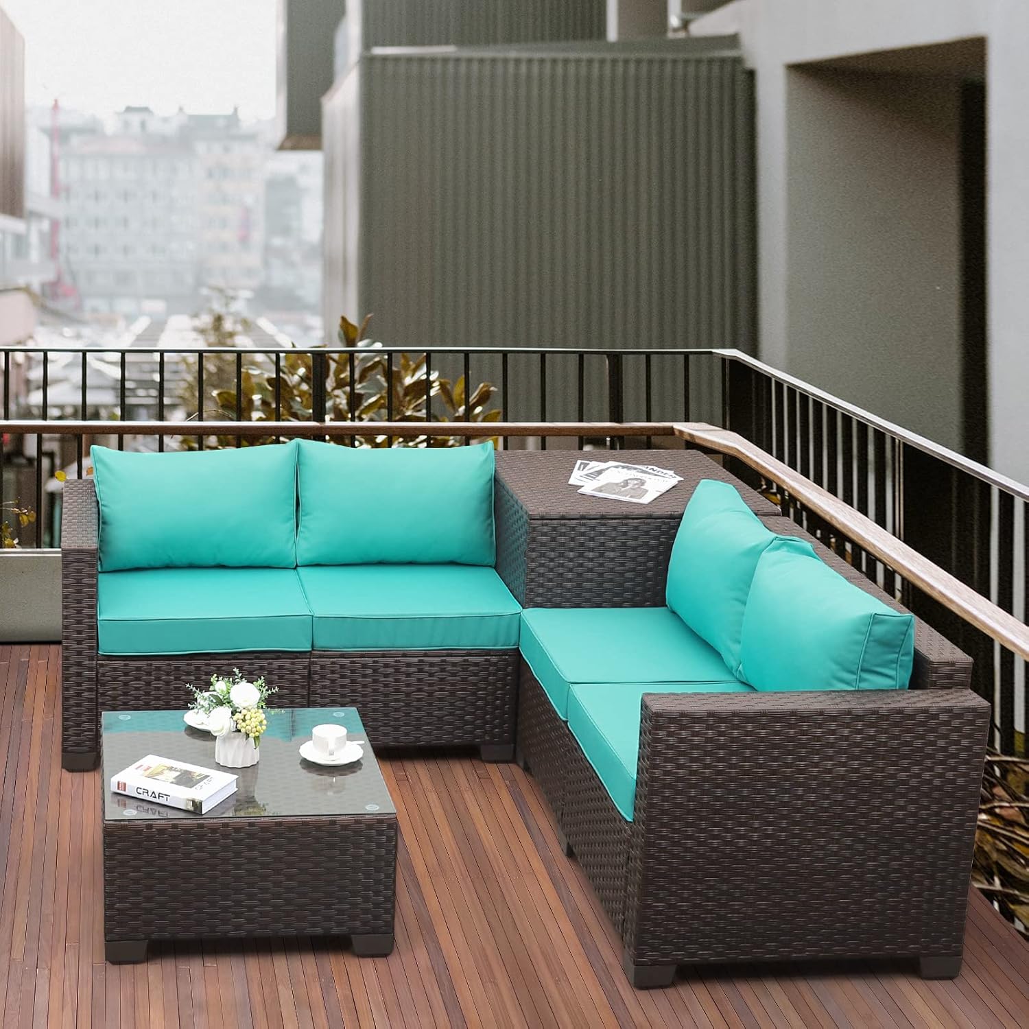 VALITA Patio PE Wicker Furniture Set 4 Pieces Outdoor Brown Rattan Clearance Sectional Conversation Sofa Chair with Storage Box Table and Turquoise Cushions - Image 2
