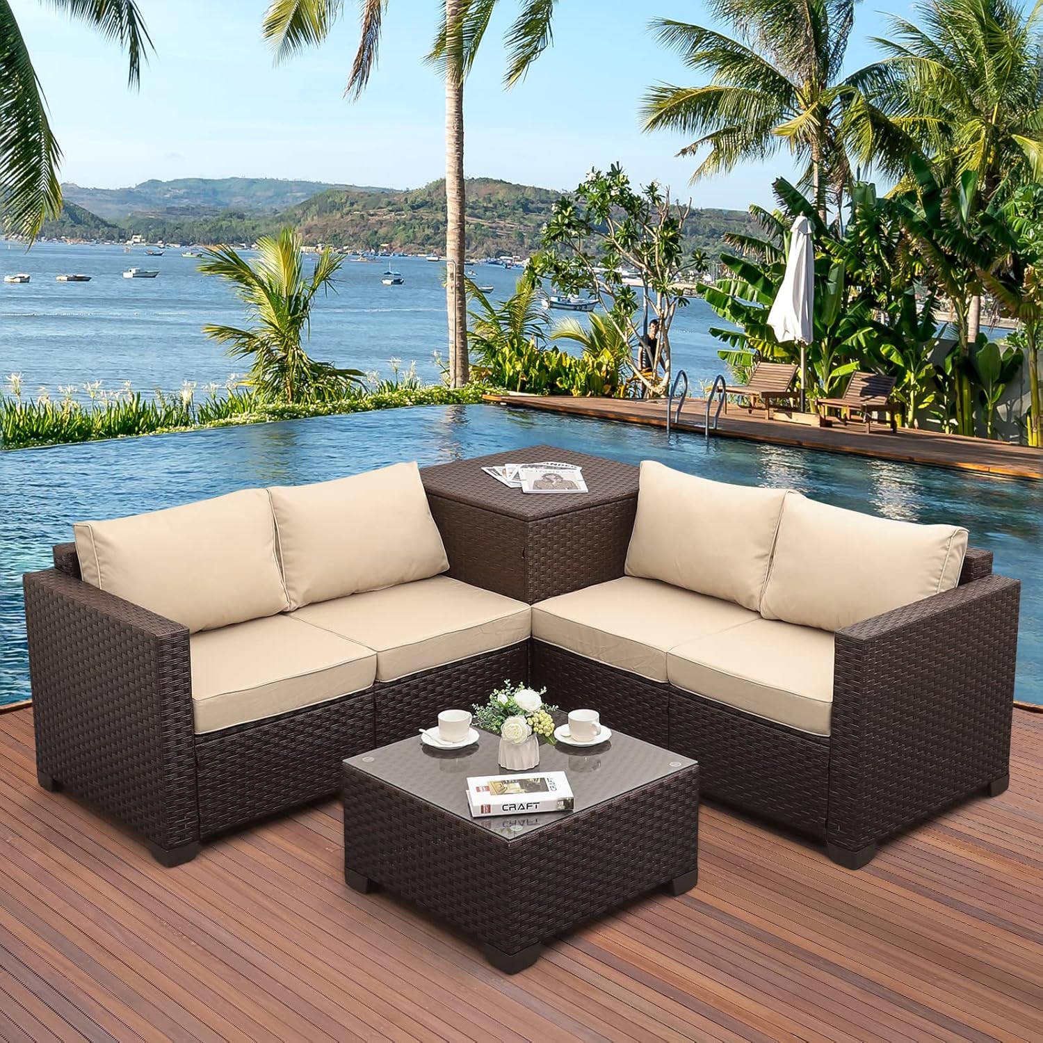 VALITA Patio PE Wicker Furniture Set 4 Pieces Outdoor Brown Rattan Clearance Sectional Conversation Sofa Chair with Storage Box Table and Turquoise Cushions - Image 10
