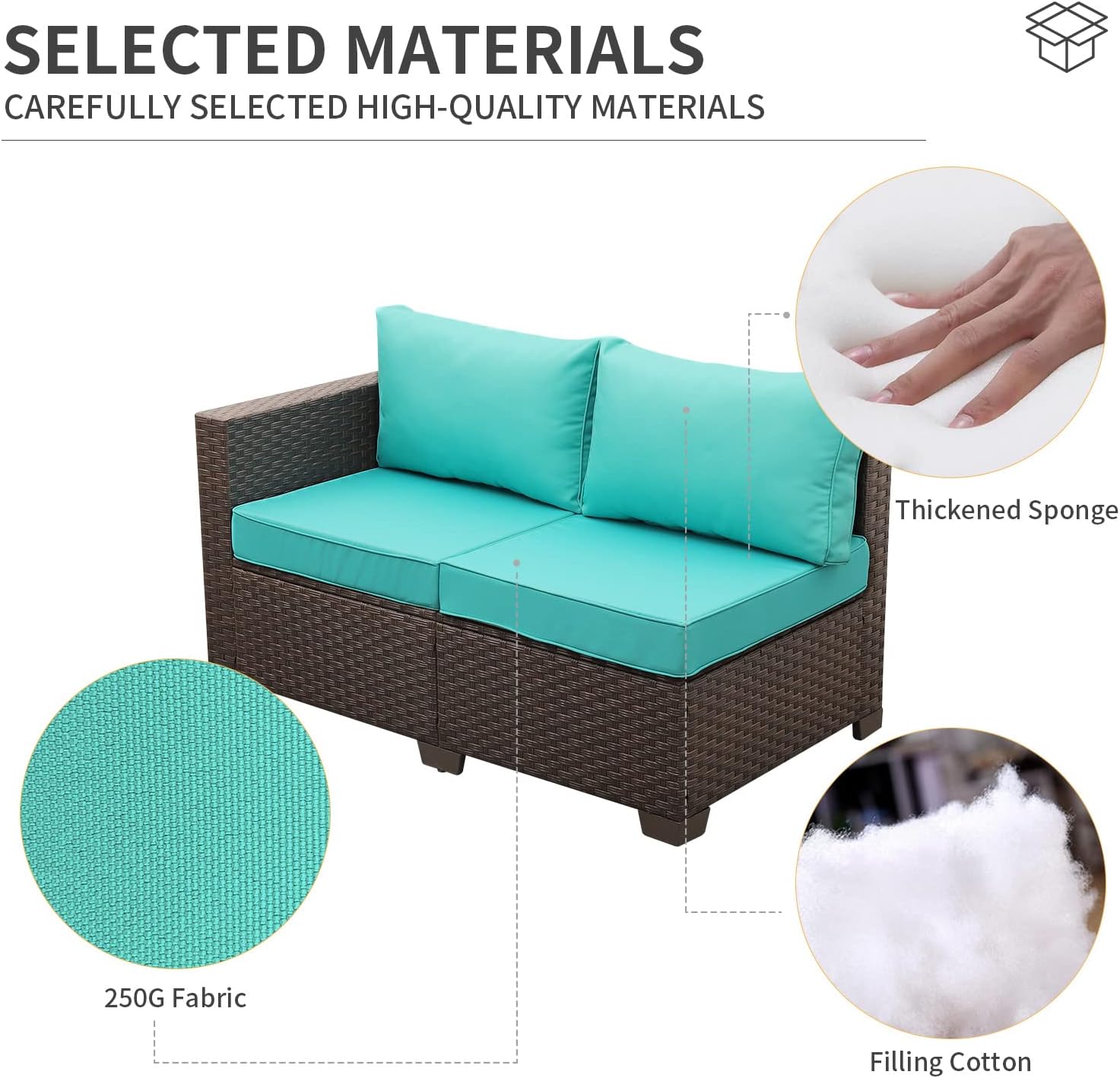 VALITA Patio PE Wicker Furniture Set 4 Pieces Outdoor Brown Rattan Clearance Sectional Conversation Sofa Chair with Storage Box Table and Turquoise Cushions - Image 5