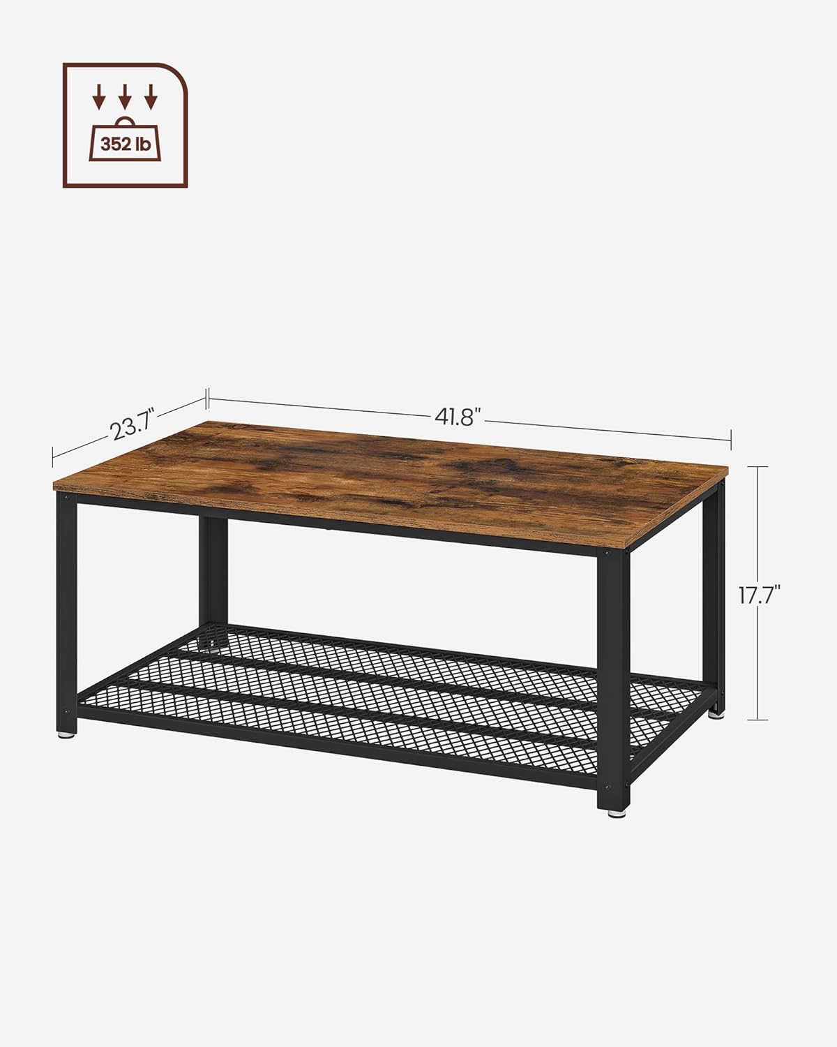 VASAGLE Coffee Table for Living Room, 2-Tier Cocktail Table, Center Table with Mesh Shelf, Steel Frame, Adjustable Feet, Industrial Style, Rustic Brown and Black ULCT61X - Image 3