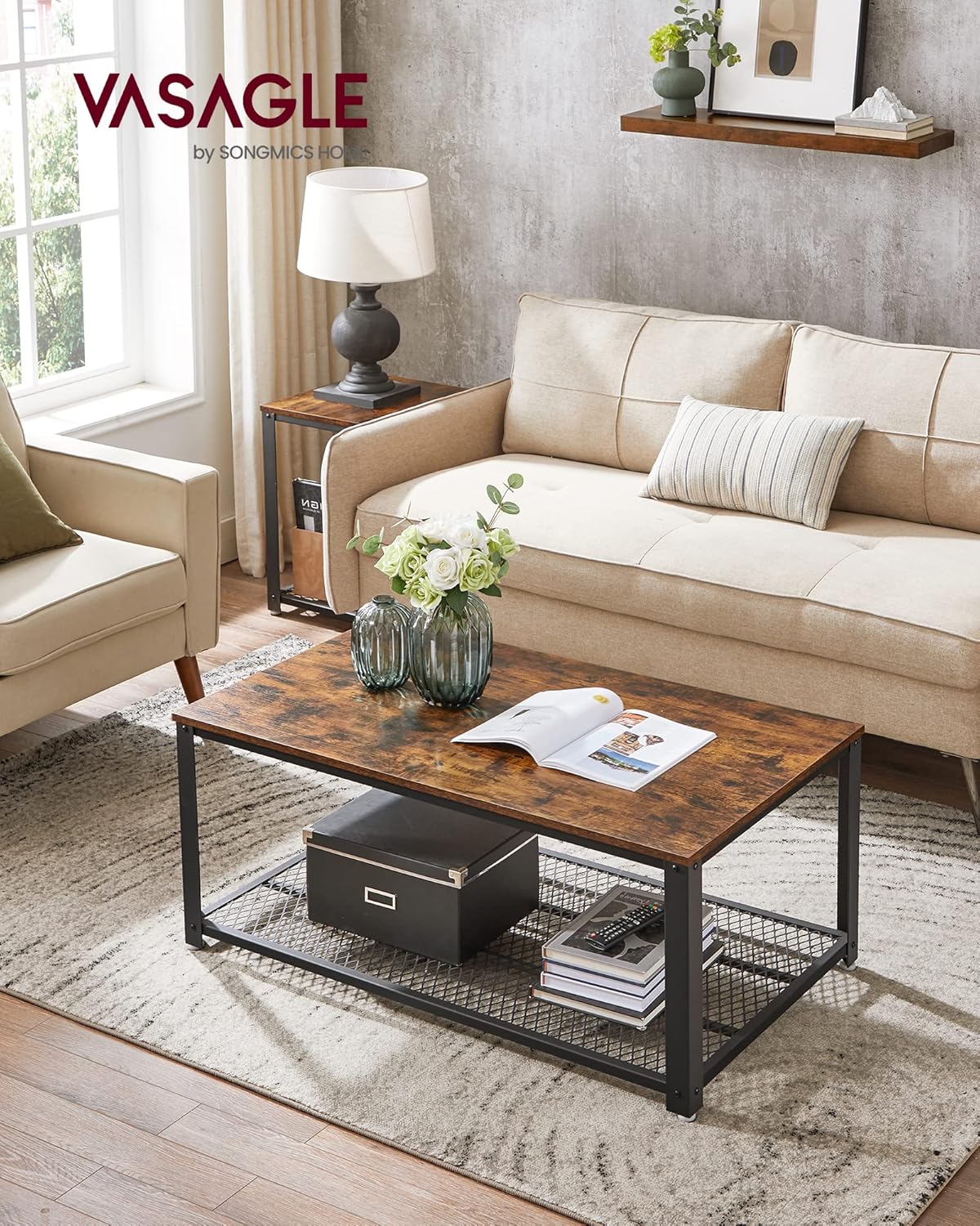 VASAGLE Coffee Table for Living Room, 2-Tier Cocktail Table, Center Table with Mesh Shelf, Steel Frame, Adjustable Feet, Industrial Style, Rustic Brown and Black ULCT61X - Image 2