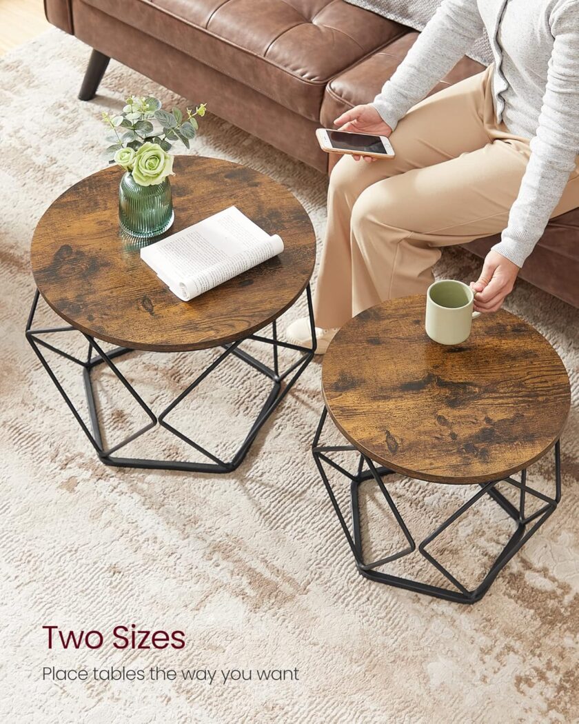 VASAGLE Small Coffee Table Set of 2, Round Coffee Table with Steel Frame, Side End Table for Living Room, Bedroom, Office, Rustic Brown and Black - Image 8