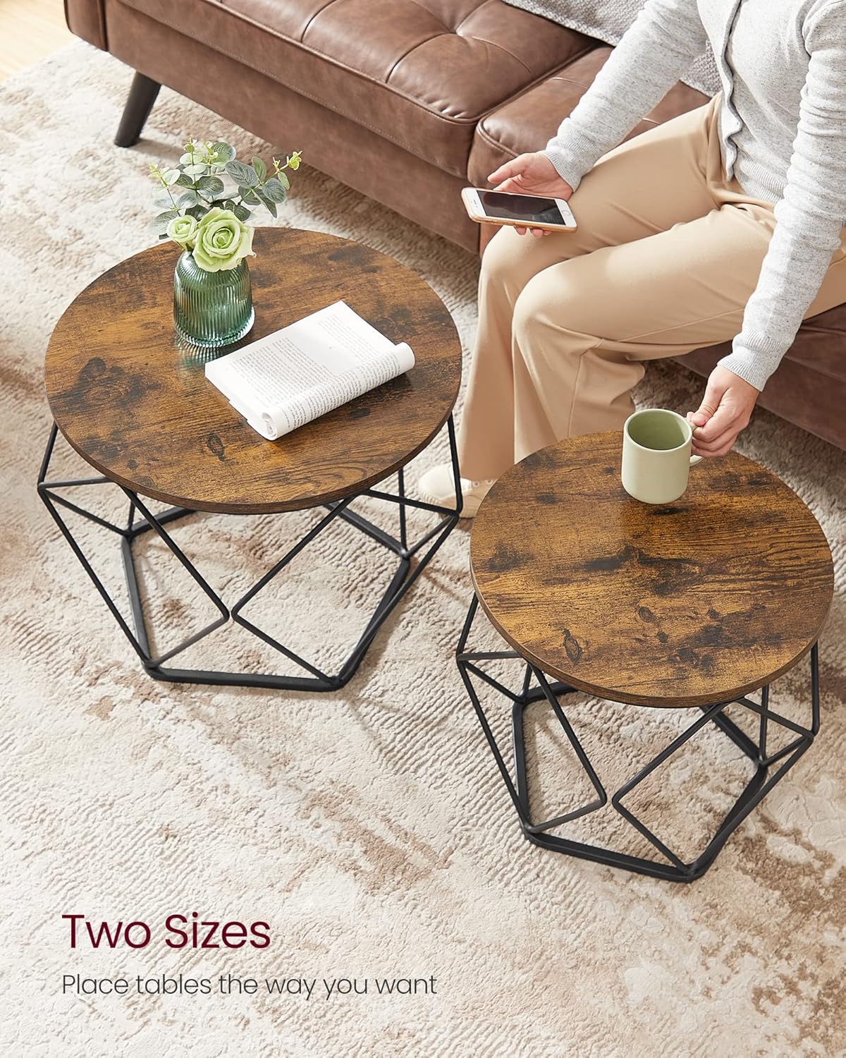 VASAGLE Small Coffee Table Set of 2, Round Coffee Table with Steel Frame, Side End Table for Living Room, Bedroom, Office, Rustic Brown and Black - Image 8