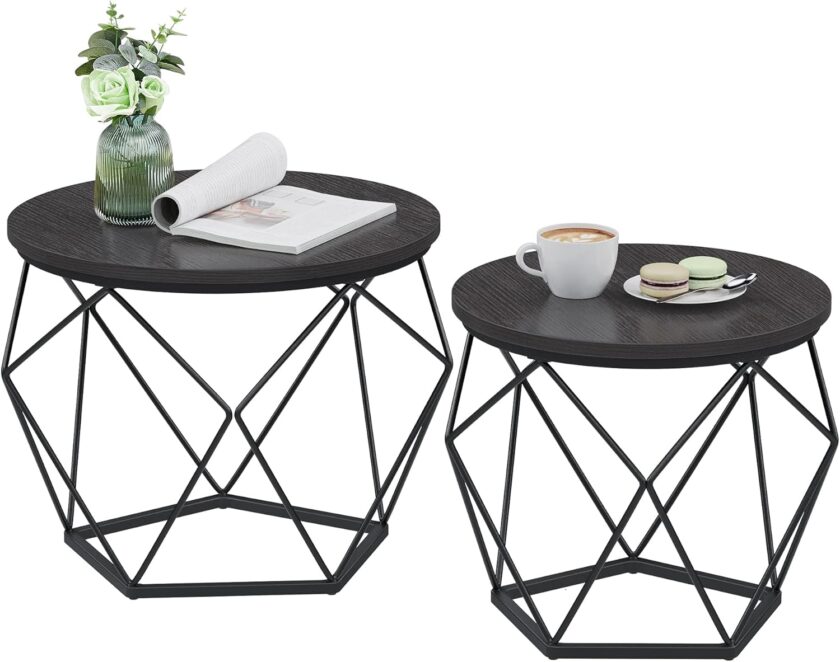 VASAGLE Small Coffee Table Set of 2, Round Coffee Table with Steel Frame, Side End Table for Living Room, Bedroom, Office, Rustic Brown and Black - Image 10