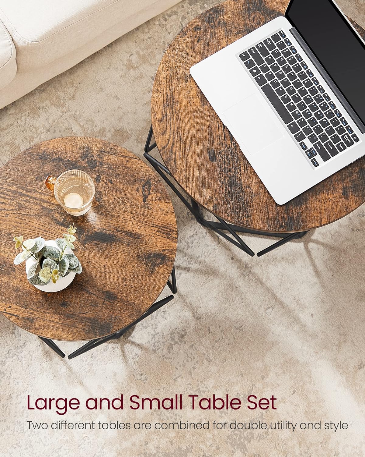 VASAGLE Small Coffee Table Set of 2, Round Coffee Table with Steel Frame, Side End Table for Living Room, Bedroom, Office, Rustic Brown and Black - Image 7