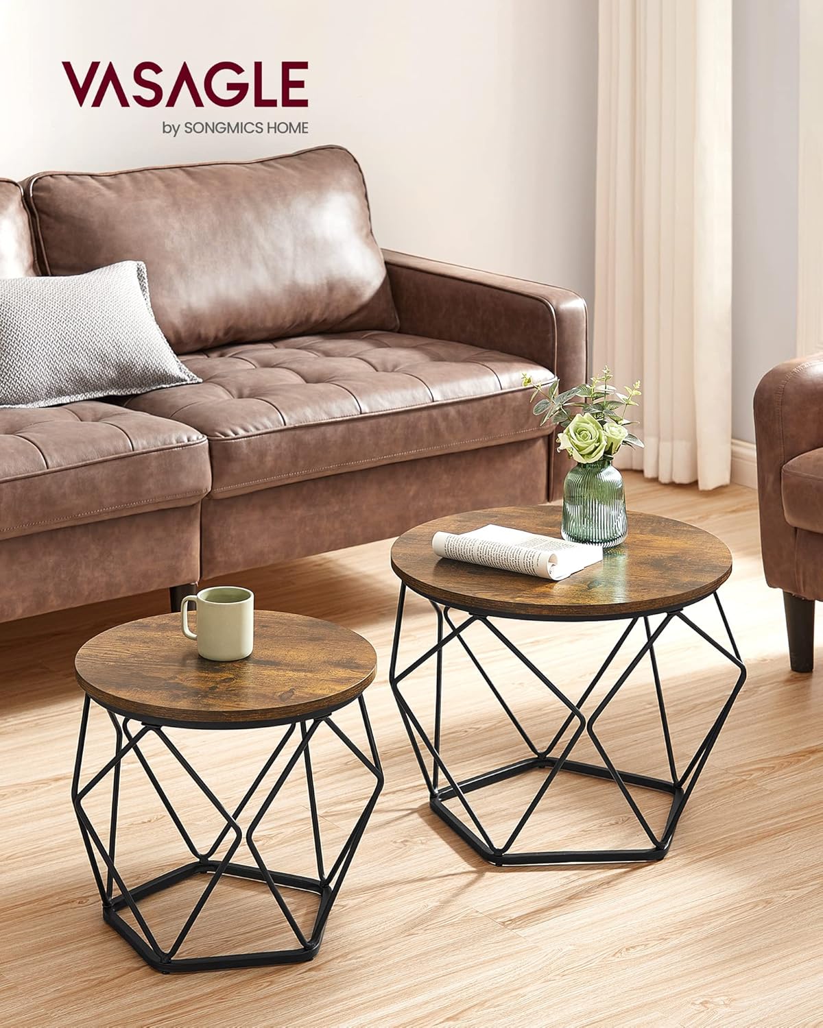 VASAGLE Small Coffee Table Set of 2, Round Coffee Table with Steel Frame, Side End Table for Living Room, Bedroom, Office, Rustic Brown and Black - Image 2