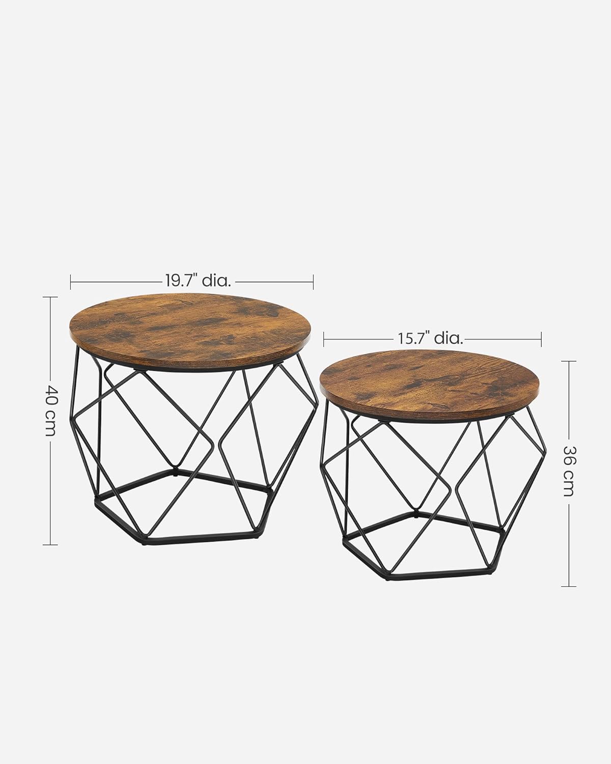 VASAGLE Small Coffee Table Set of 2, Round Coffee Table with Steel Frame, Side End Table for Living Room, Bedroom, Office, Rustic Brown and Black - Image 3