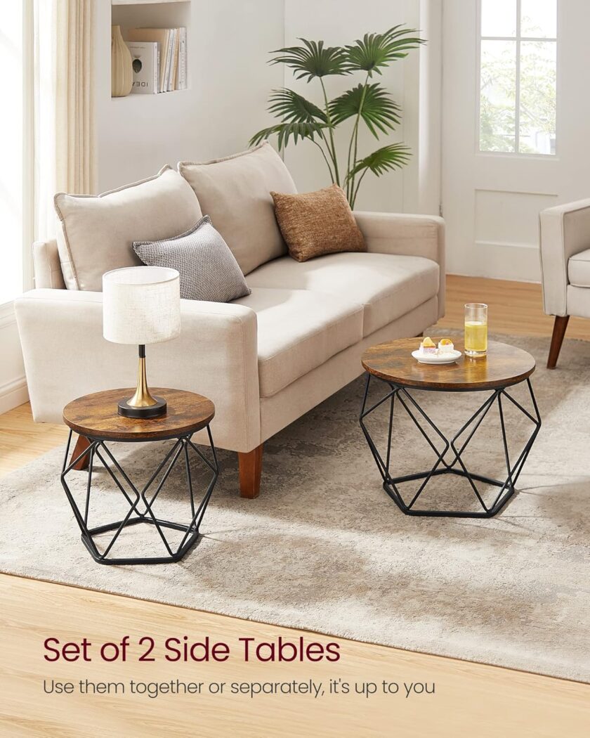 VASAGLE Small Coffee Table Set of 2, Round Coffee Table with Steel Frame, Side End Table for Living Room, Bedroom, Office, Rustic Brown and Black - Image 4
