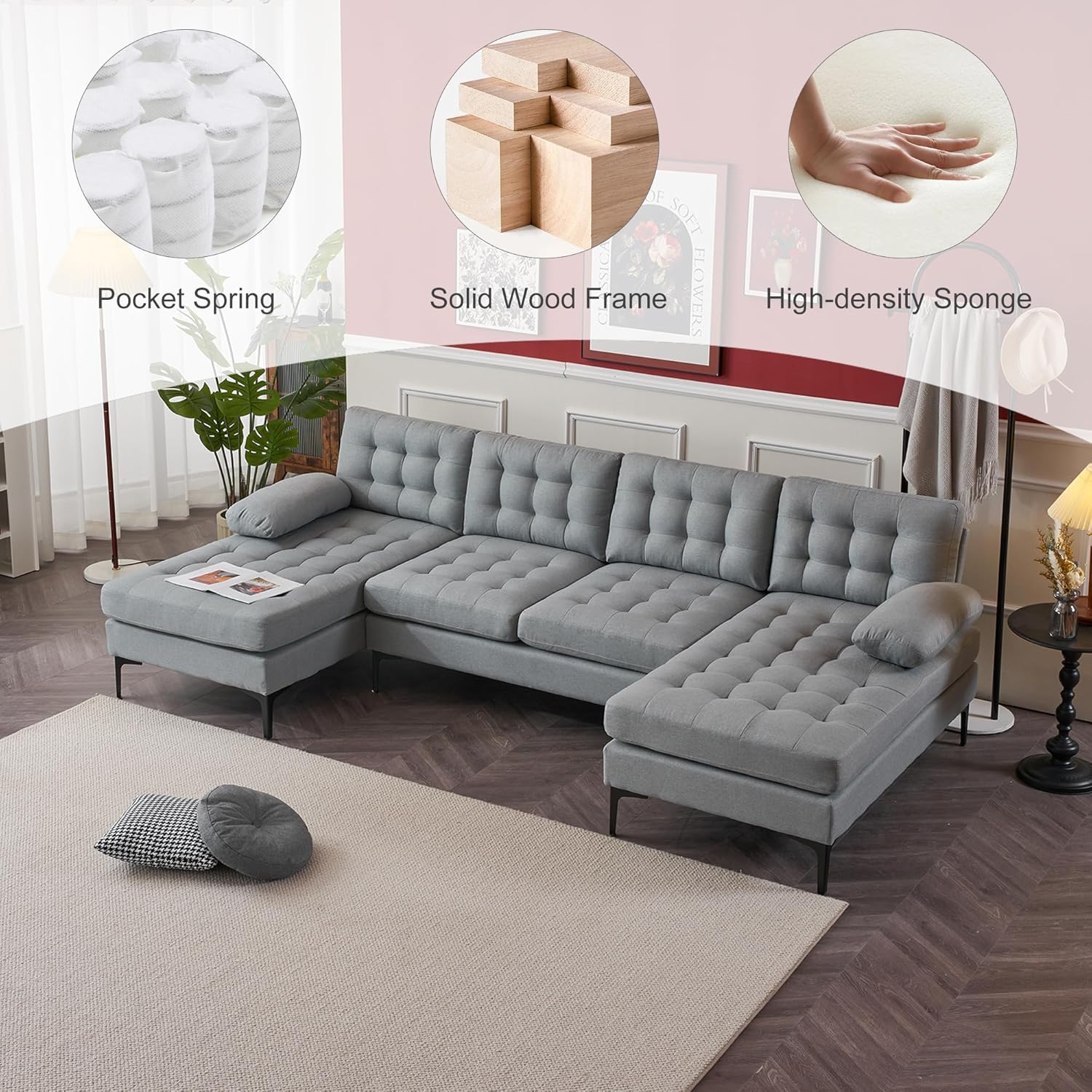 VERYKE U Shape Sectional Sofa Couch,Modern 110'' Linen Fabric Tufted Sectional Couch Sofa, Upholstered Sofa Bed with Metal Legs for Living Room - Image 5