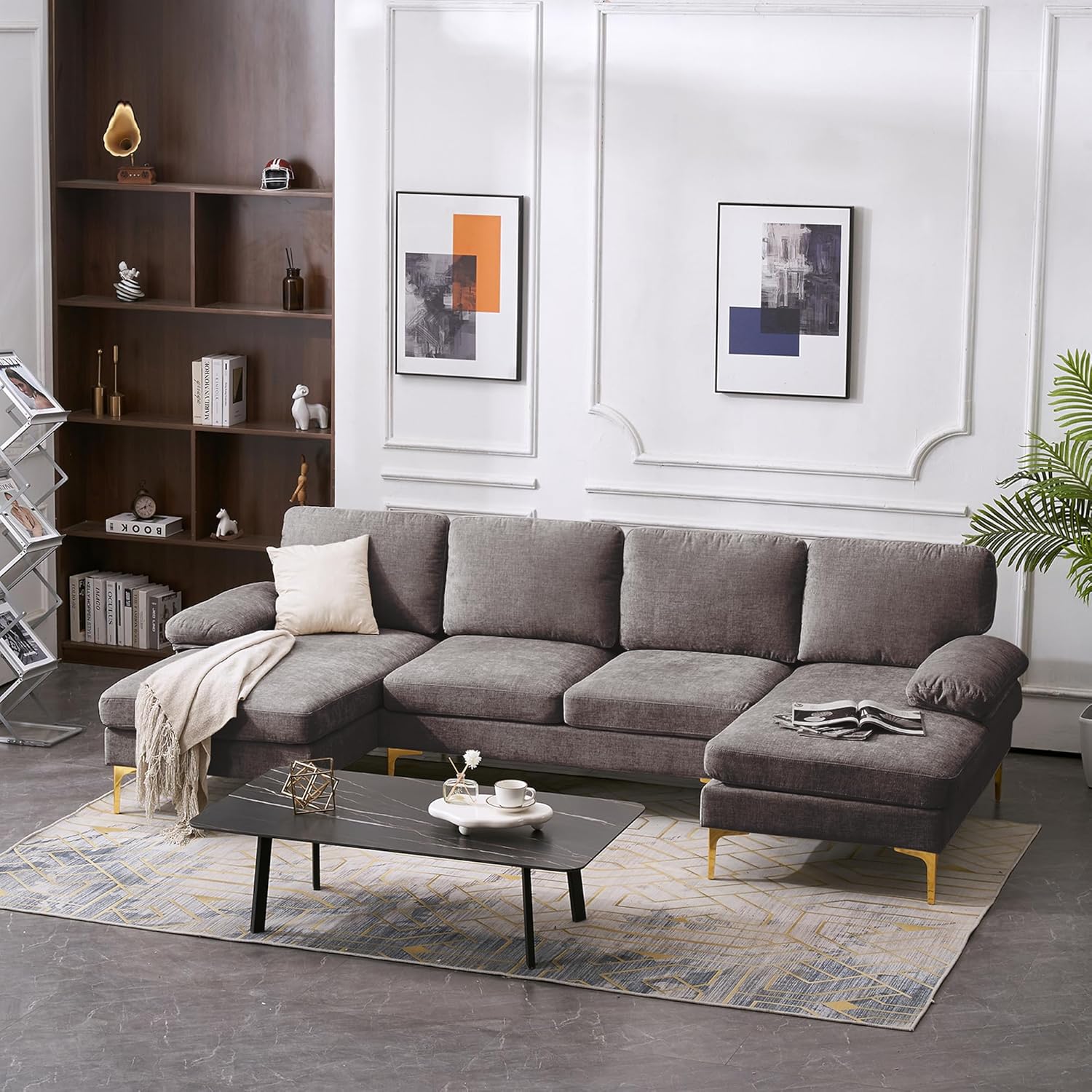 VERYKE U Shape Sectional Sofa Couch,Modern 110'' Linen Fabric Tufted Sectional Couch Sofa, Upholstered Sofa Bed with Metal Legs for Living Room - Image 19