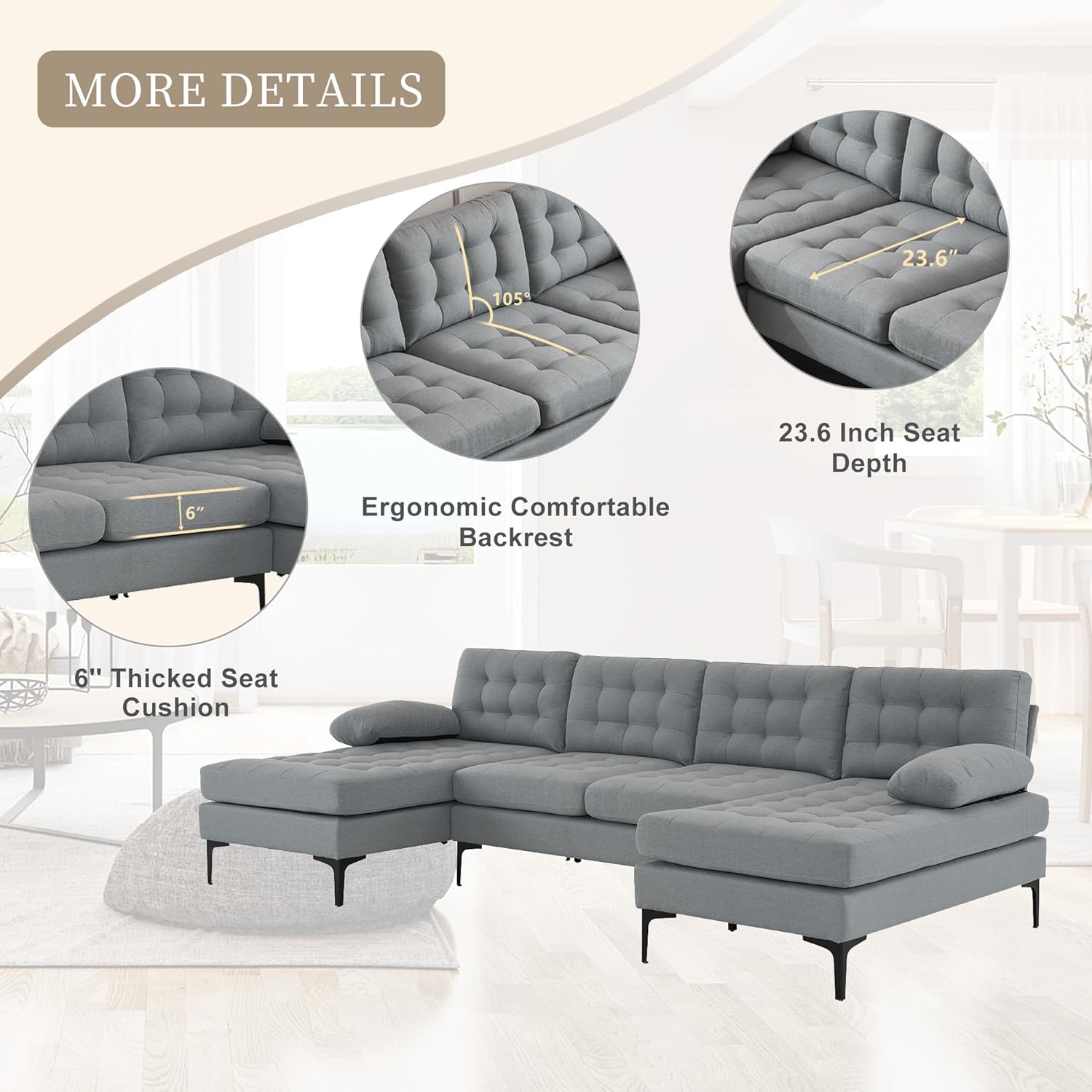 VERYKE U Shape Sectional Sofa Couch,Modern 110'' Linen Fabric Tufted Sectional Couch Sofa, Upholstered Sofa Bed with Metal Legs for Living Room - Image 3