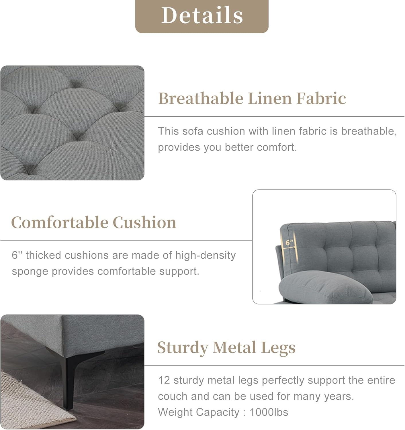 VERYKE U Shape Sectional Sofa Couch,Modern 110'' Linen Fabric Tufted Sectional Couch Sofa, Upholstered Sofa Bed with Metal Legs for Living Room - Image 4