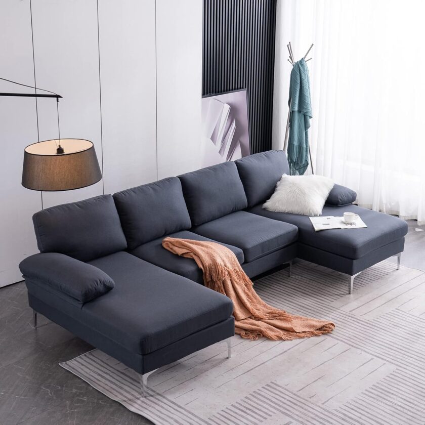 VERYKE U Shape Sectional Sofa Couch,Modern 110'' Linen Fabric Tufted Sectional Couch Sofa, Upholstered Sofa Bed with Metal Legs for Living Room - Image 14