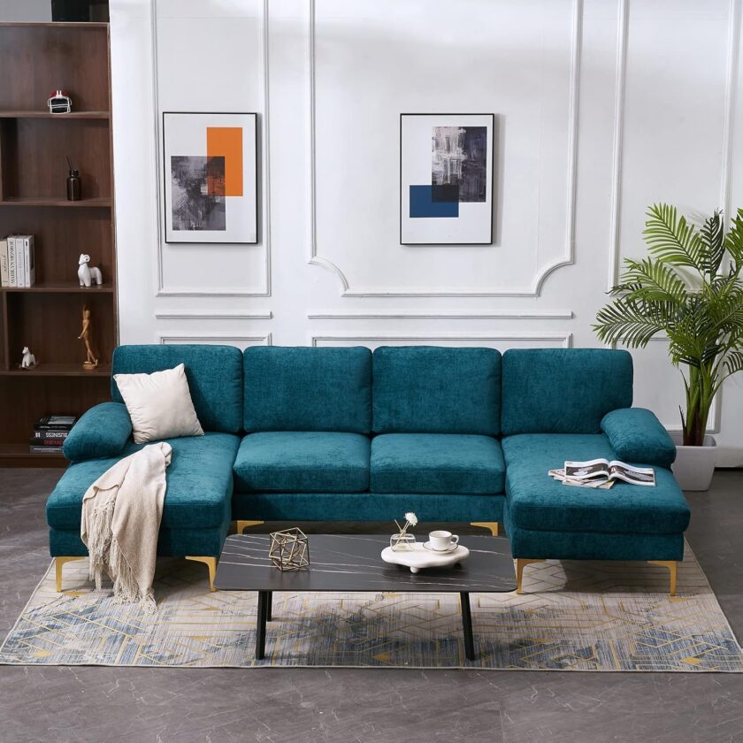 VERYKE U Shape Sectional Sofa Couch,Modern 110'' Linen Fabric Tufted Sectional Couch Sofa, Upholstered Sofa Bed with Metal Legs for Living Room - Image 20
