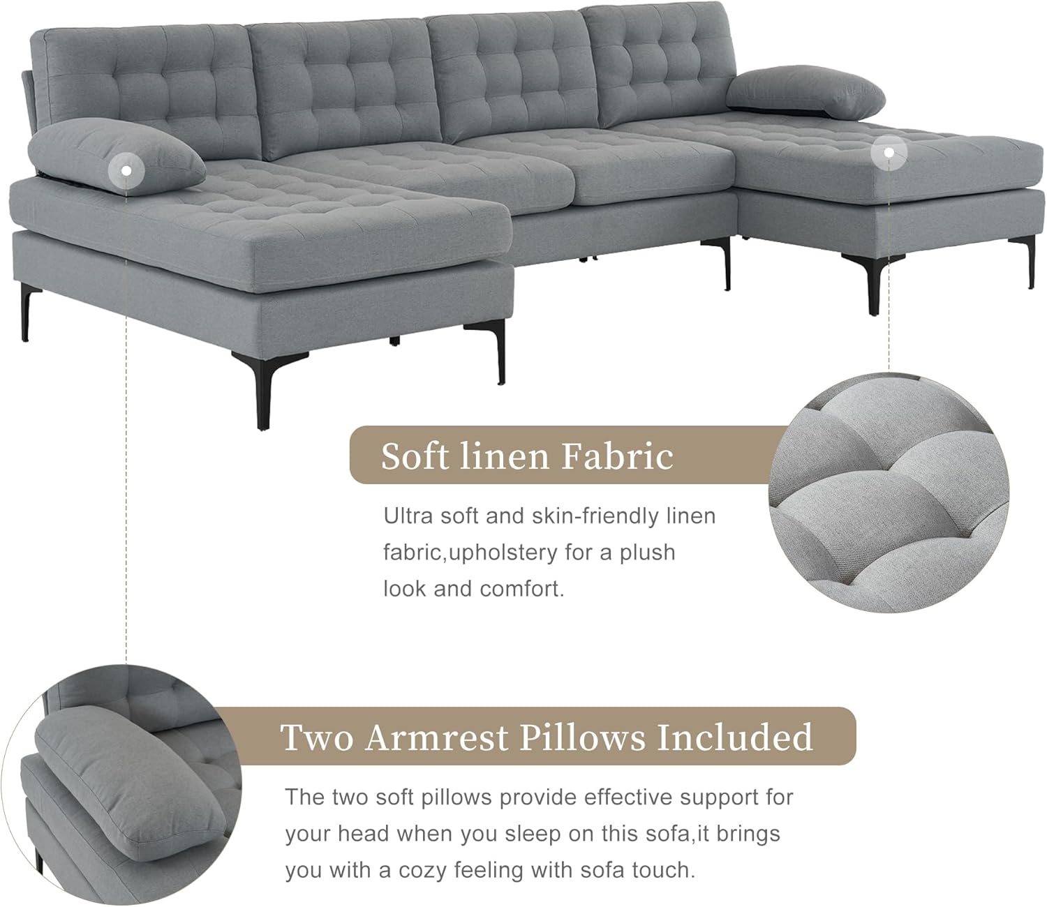 VERYKE U Shape Sectional Sofa Couch,Modern 110'' Linen Fabric Tufted Sectional Couch Sofa, Upholstered Sofa Bed with Metal Legs for Living Room - Image 6