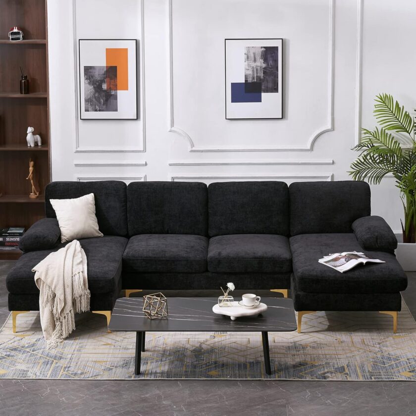 VERYKE U Shape Sectional Sofa Couch,Modern 110'' Linen Fabric Tufted Sectional Couch Sofa, Upholstered Sofa Bed with Metal Legs for Living Room - Image 16
