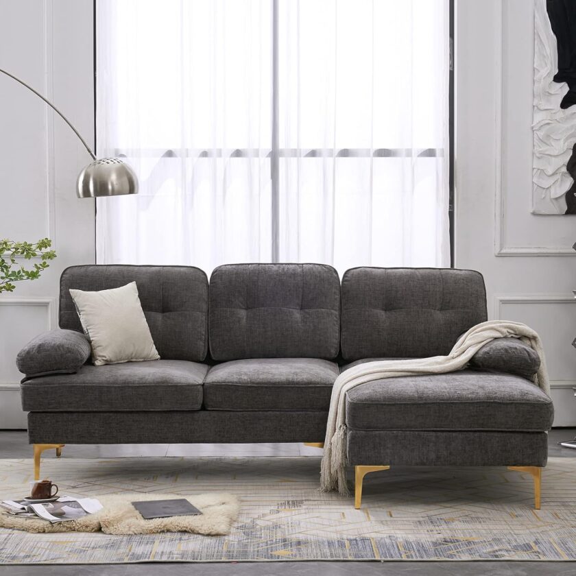 VERYKE U Shape Sectional Sofa Couch,Modern 110'' Linen Fabric Tufted Sectional Couch Sofa, Upholstered Sofa Bed with Metal Legs for Living Room - Image 11