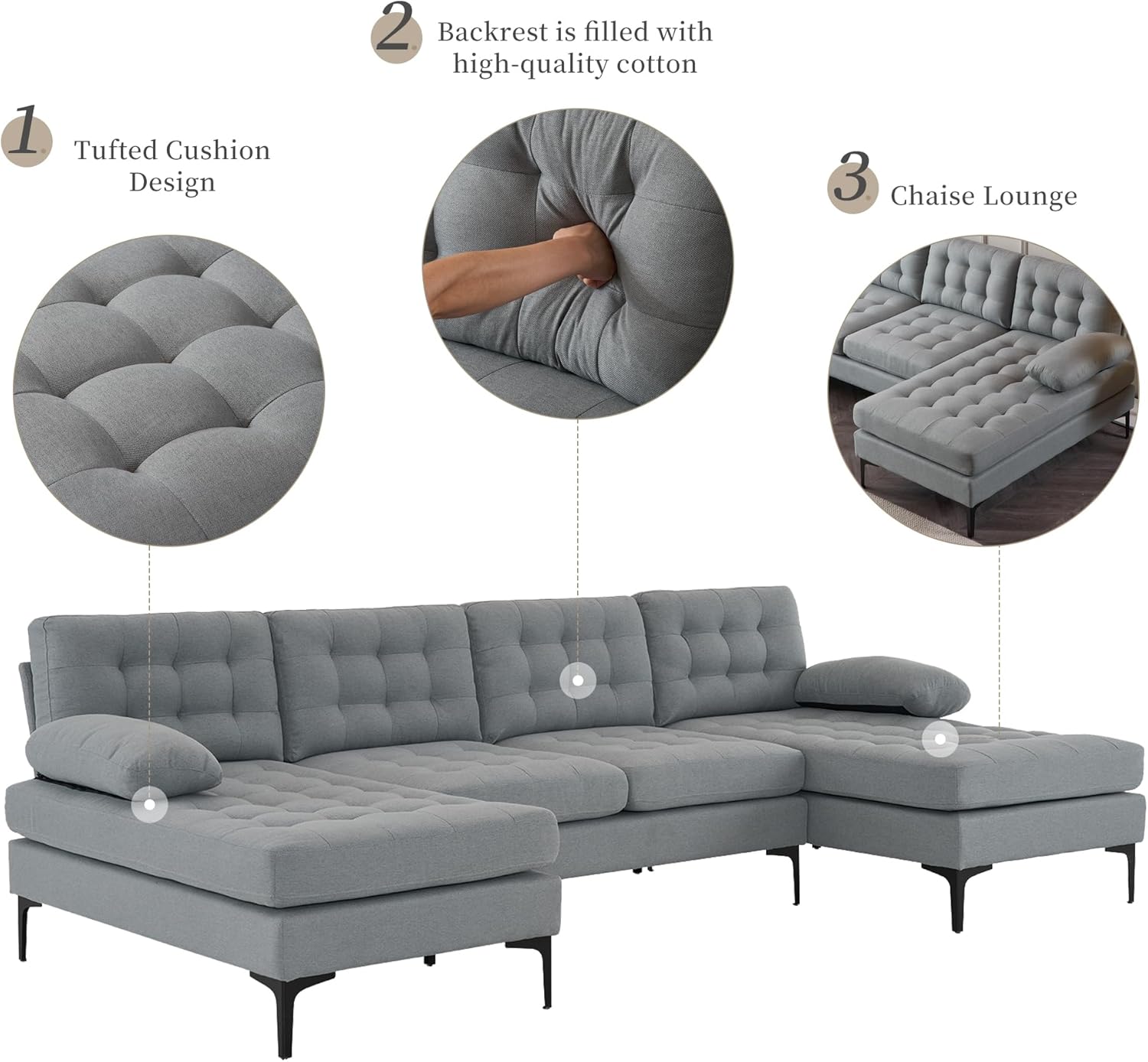 VERYKE U Shape Sectional Sofa Couch,Modern 110'' Linen Fabric Tufted Sectional Couch Sofa, Upholstered Sofa Bed with Metal Legs for Living Room - Image 7