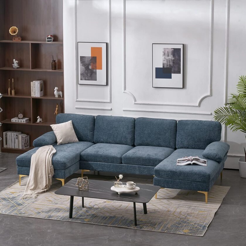 VERYKE U Shape Sectional Sofa Couch,Modern 110'' Linen Fabric Tufted Sectional Couch Sofa, Upholstered Sofa Bed with Metal Legs for Living Room - Image 10