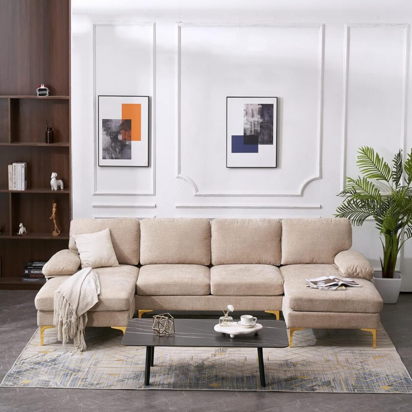 VERYKE U Shape Sectional Sofa Couch,Modern 110'' Linen Fabric Tufted Sectional Couch Sofa, Upholstered Sofa Bed with Metal Legs for Living Room - Image 13