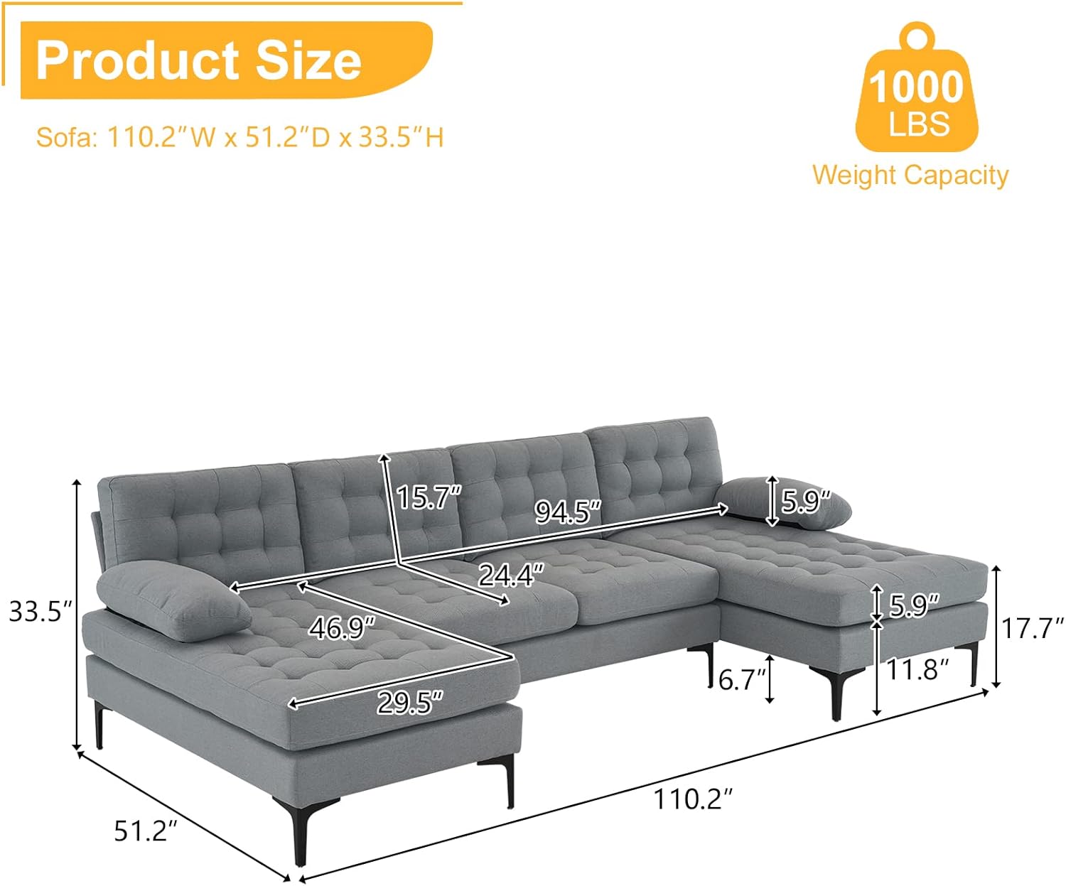 VERYKE U Shape Sectional Sofa Couch,Modern 110'' Linen Fabric Tufted Sectional Couch Sofa, Upholstered Sofa Bed with Metal Legs for Living Room - Image 2