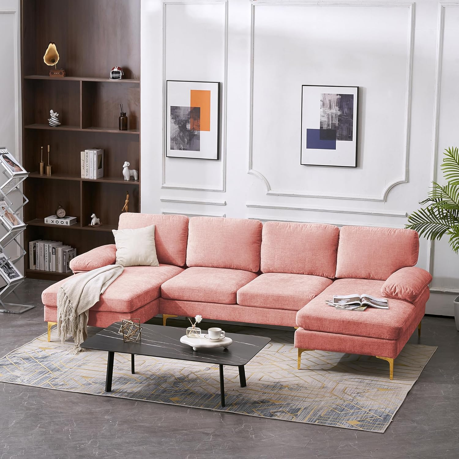 VERYKE U Shape Sectional Sofa Couch,Modern 110'' Linen Fabric Tufted Sectional Couch Sofa, Upholstered Sofa Bed with Metal Legs for Living Room - Image 18