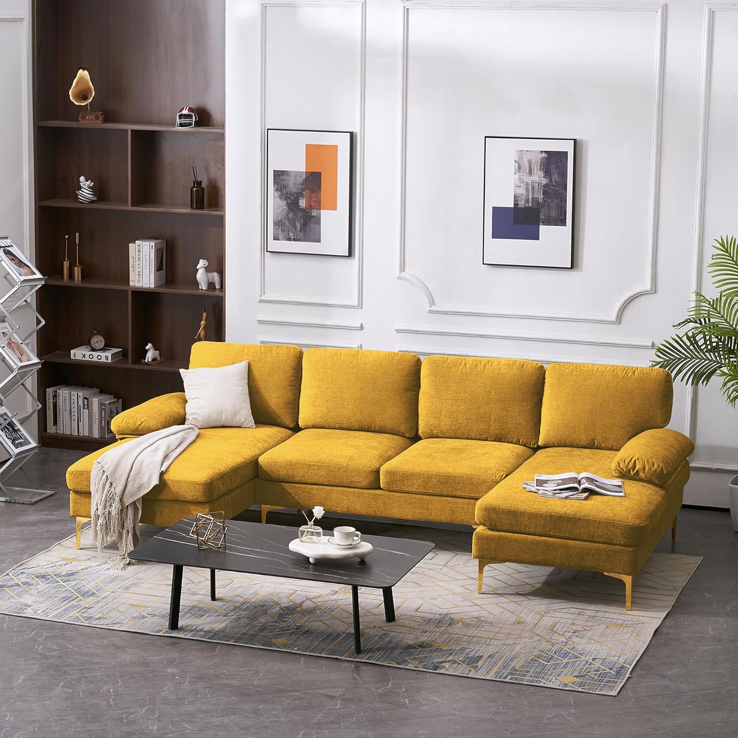 VERYKE U Shape Sectional Sofa Couch,Modern 110'' Linen Fabric Tufted Sectional Couch Sofa, Upholstered Sofa Bed with Metal Legs for Living Room - Image 17