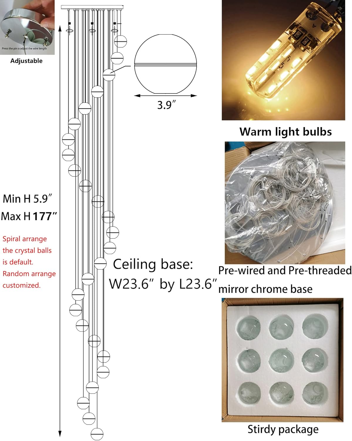 W23.6" x H177" 26-Light Chandeliers Spiral Modern Crystal Chandeliers Raindrop Large Flush Chandeliers High Ceiling Lights Fixtures for Villa Living Room Entryway Foyer Staircase Lighting (Round) - Image 2