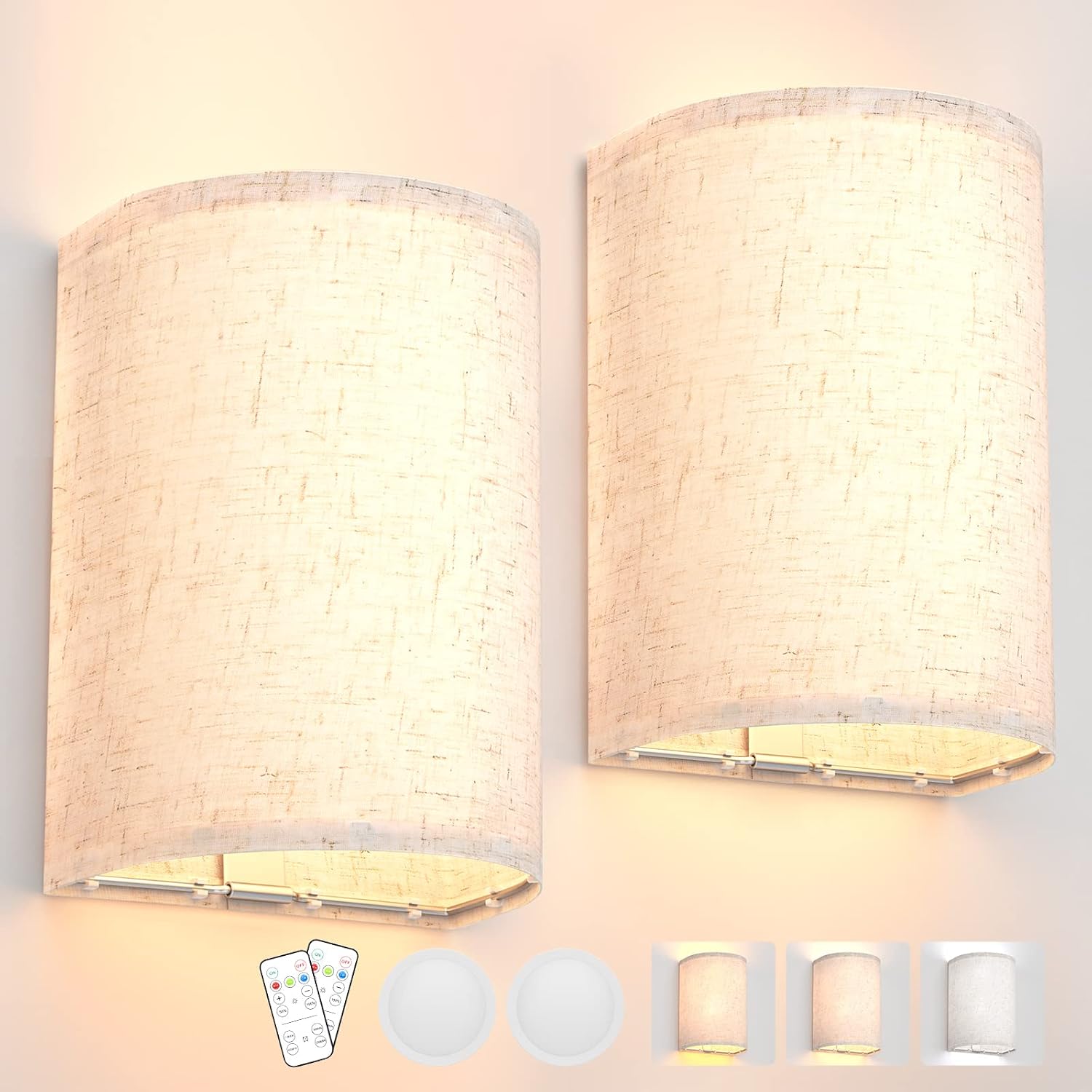 Wall Sconces Set of Two, Battery Rechargeable 3 Colors Changeable Dimmable Wall Lights Fixtures with Remote Control Fabric Height Wall Lamp Sconces for Bedroom Living Room Hallway - Image 9
