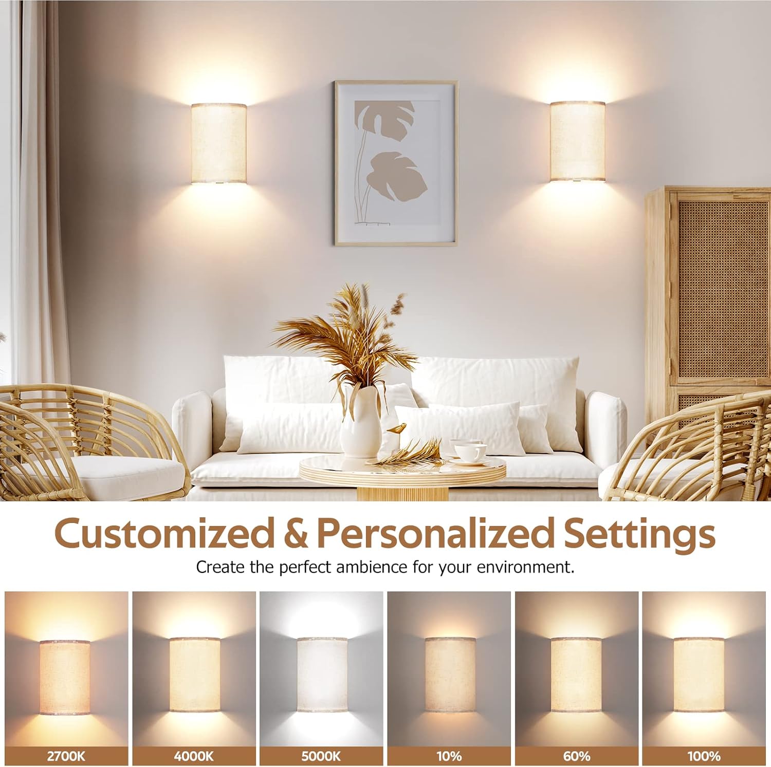 Wall Sconces Set of Two, Battery Rechargeable 3 Colors Changeable Dimmable Wall Lights Fixtures with Remote Control Fabric Height Wall Lamp Sconces for Bedroom Living Room Hallway - Image 2