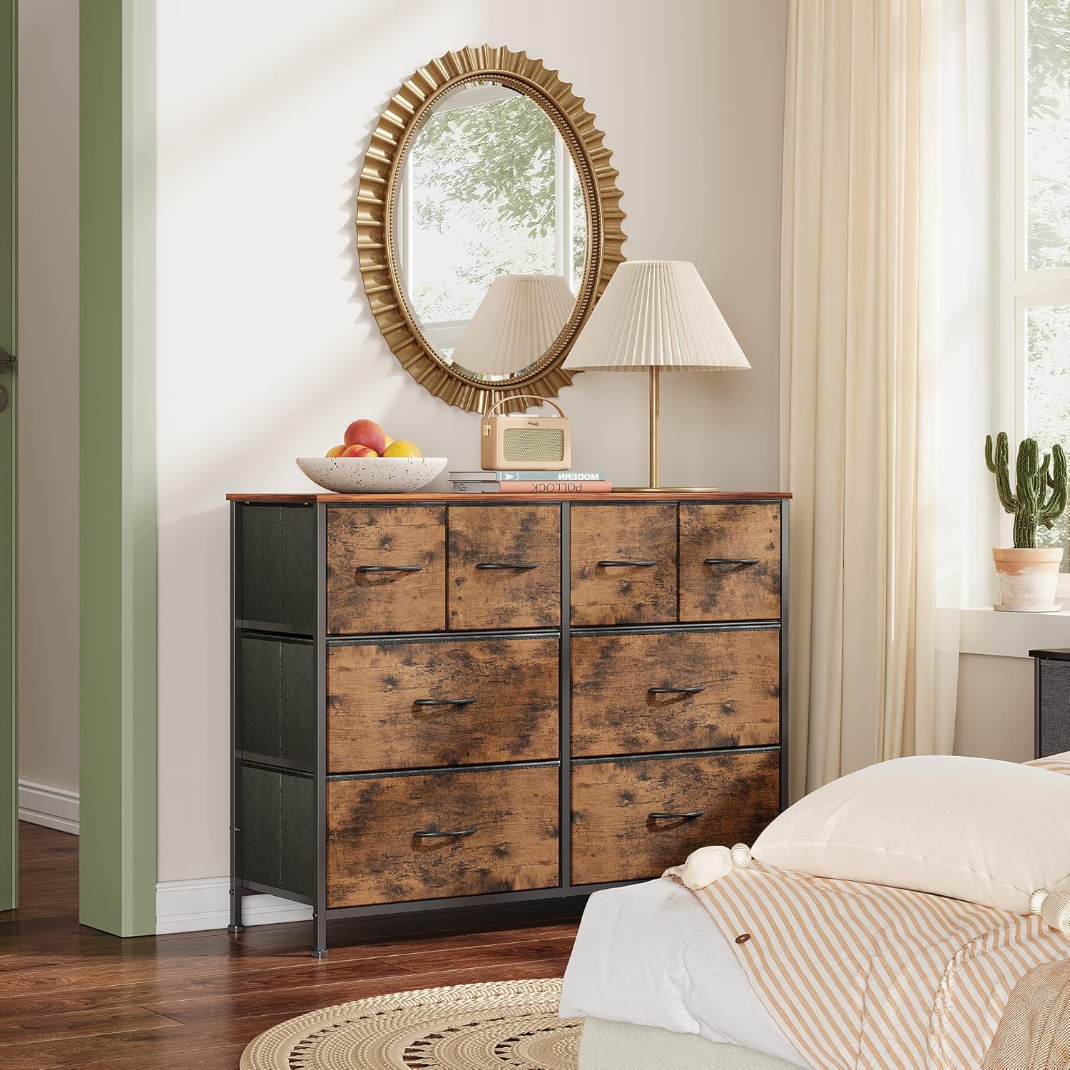 WLIVE Dresser for Bedroom with 8 Drawers, Wide Fabric Dresser for Storage and Organization, Bedroom Dresser, Chest of Drawers for Living Room, Closet, Entryway, Nursery, Rustic Brown Wood Grain Print - Image 2