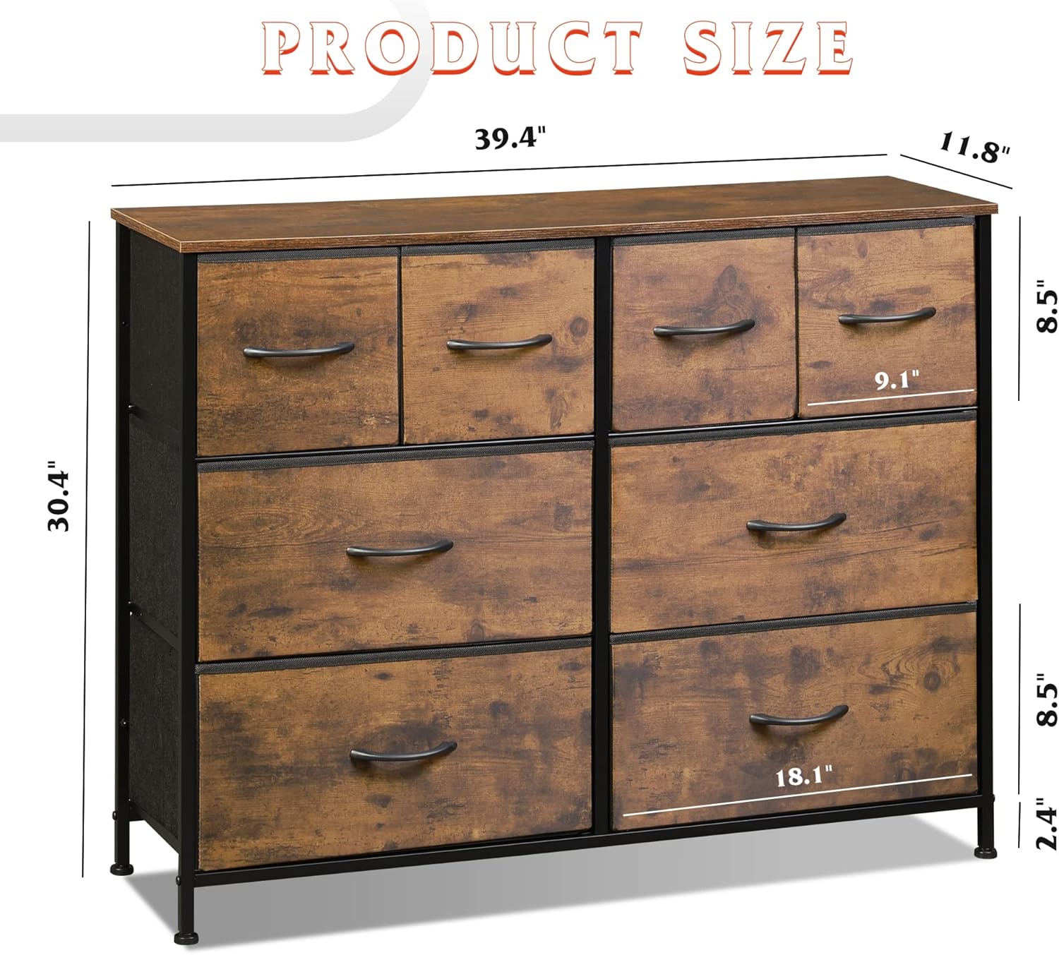 WLIVE Dresser for Bedroom with 8 Drawers, Wide Fabric Dresser for Storage and Organization, Bedroom Dresser, Chest of Drawers for Living Room, Closet, Entryway, Nursery, Rustic Brown Wood Grain Print - Image 3