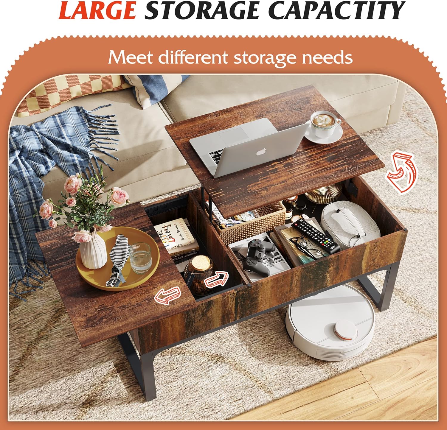 WLIVE Lift Top Coffee Table for Living Room,Modern Wood Coffee Table with Storage,Hidden Compartment and Drawer for Apartment,Home,Retro Brown. - Image 4
