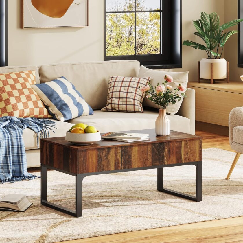 WLIVE Lift Top Coffee Table for Living Room,Modern Wood Coffee Table with Storage,Hidden Compartment and Drawer for Apartment,Home,Retro Brown. - Image 2