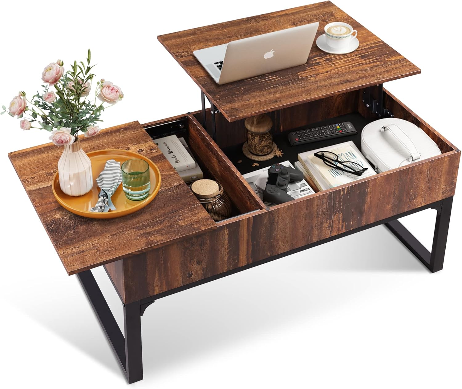 WLIVE Lift Top Coffee Table for Living Room,Modern Wood Coffee Table with Storage,Hidden Compartment and Drawer for Apartment,Home,Retro Brown.