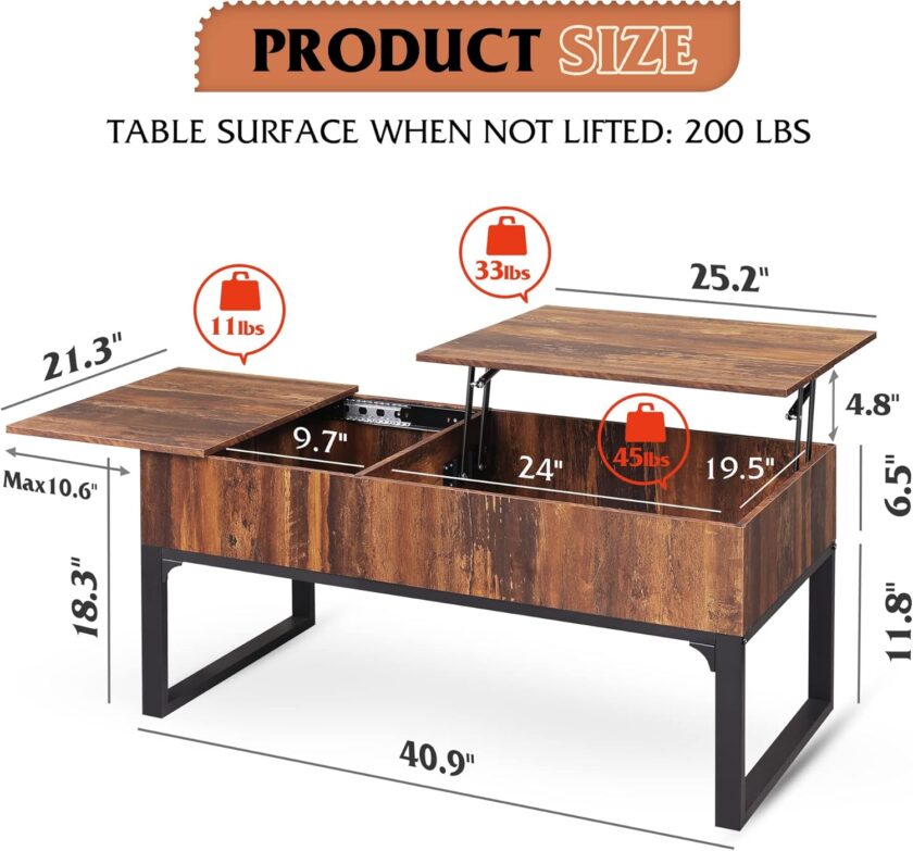 WLIVE Lift Top Coffee Table for Living Room,Modern Wood Coffee Table with Storage,Hidden Compartment and Drawer for Apartment,Home,Retro Brown. - Image 3