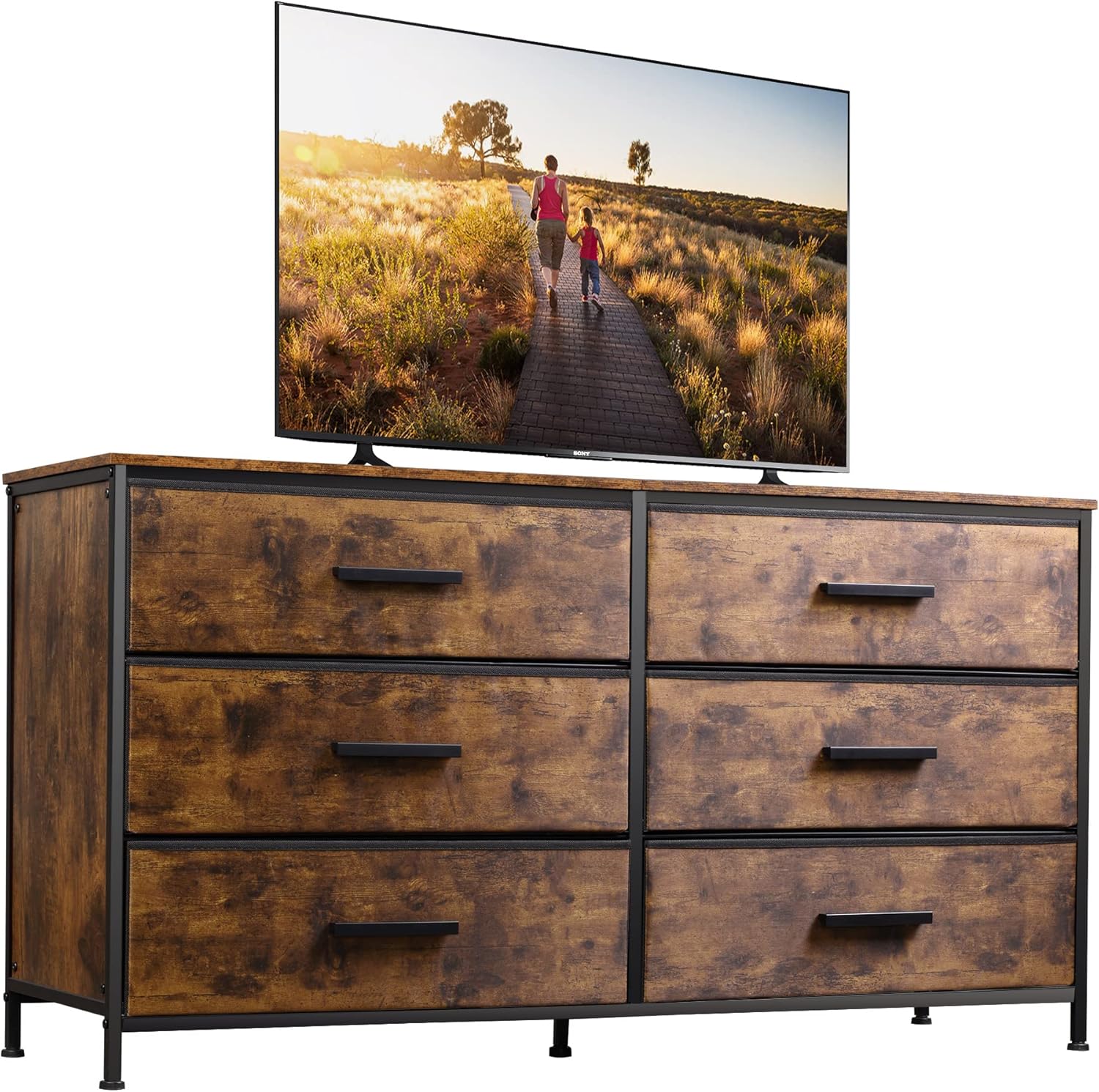 WLIVE Wide Dresser with 6 Drawers, TV Stand for 60" TV, Fabric Double Dresser, Large Storage Tower Unit, Chest of Drawers for Bedroom, Closet, Living Room, Hallway, Nursery, Rustic Brown