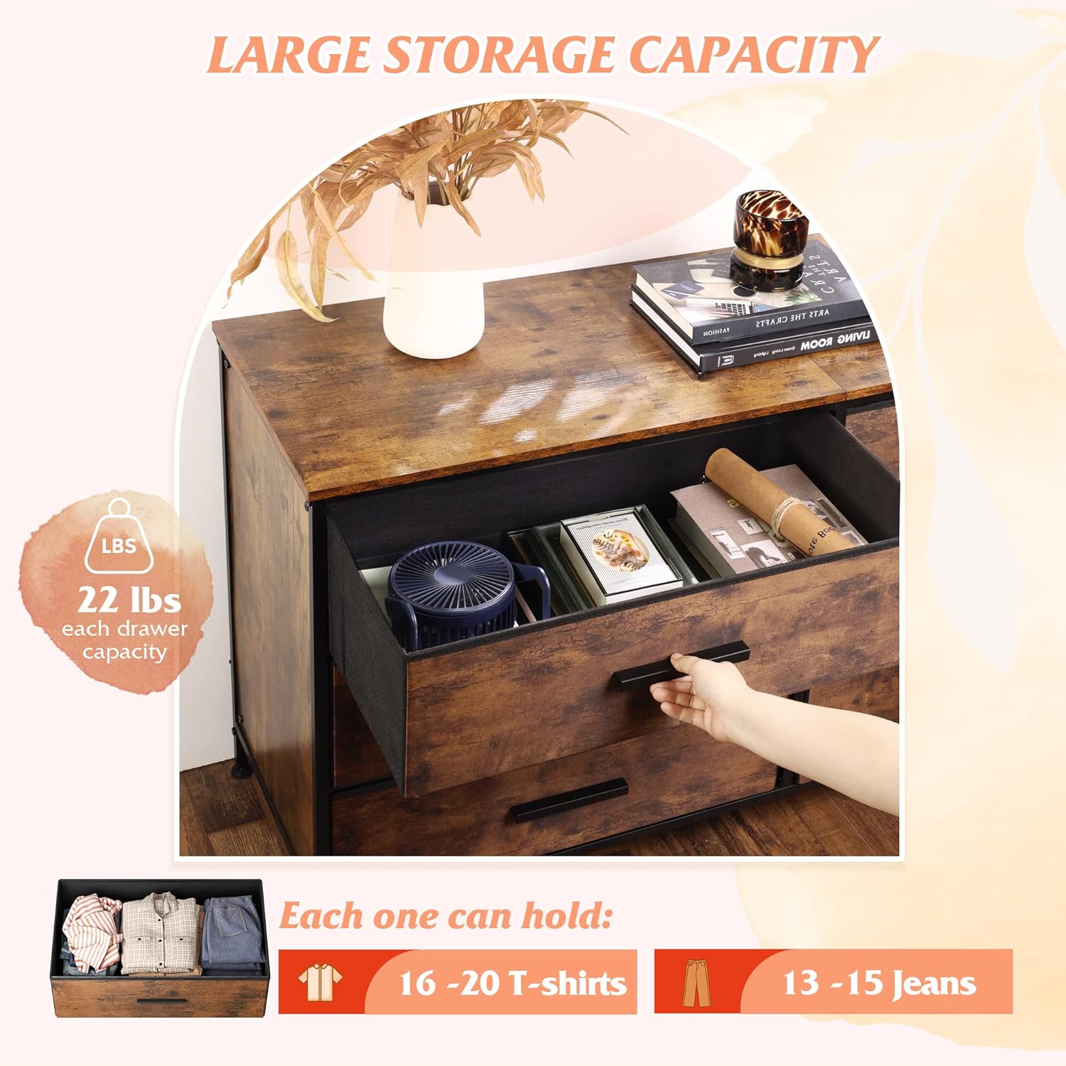 WLIVE Wide Dresser with 6 Drawers, TV Stand for 60" TV, Fabric Double Dresser, Large Storage Tower Unit, Chest of Drawers for Bedroom, Closet, Living Room, Hallway, Nursery, Rustic Brown - Image 5