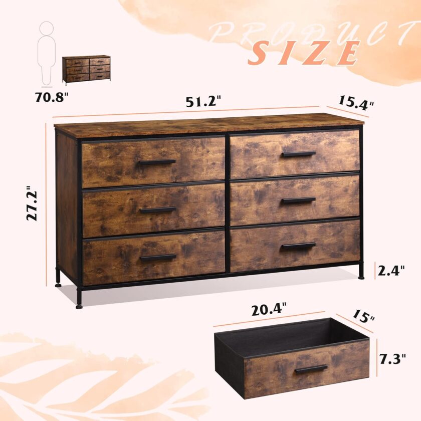 WLIVE Wide Dresser with 6 Drawers, TV Stand for 60" TV, Fabric Double Dresser, Large Storage Tower Unit, Chest of Drawers for Bedroom, Closet, Living Room, Hallway, Nursery, Rustic Brown - Image 3
